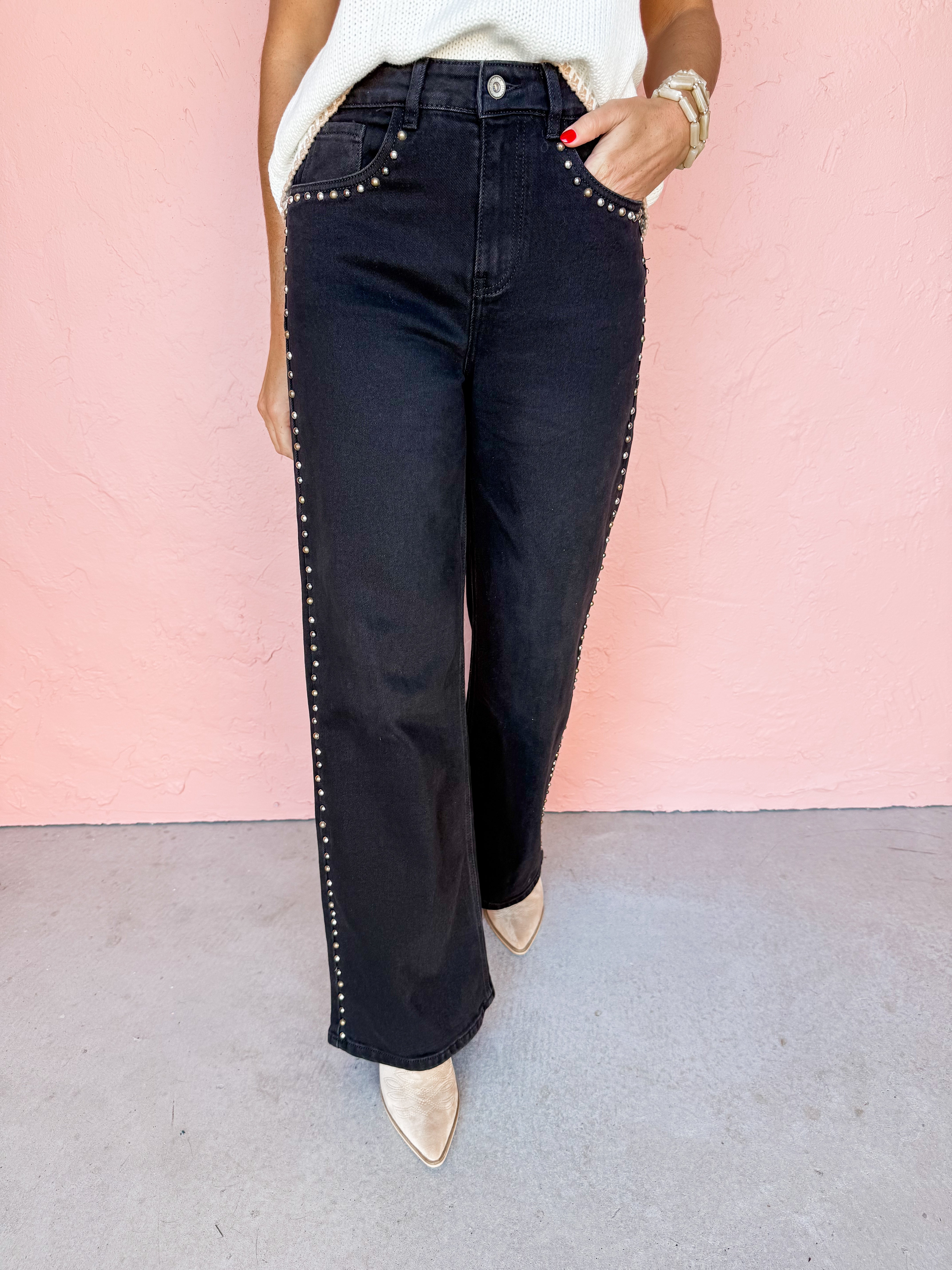 Dakota Studded Straight Jeans-Black