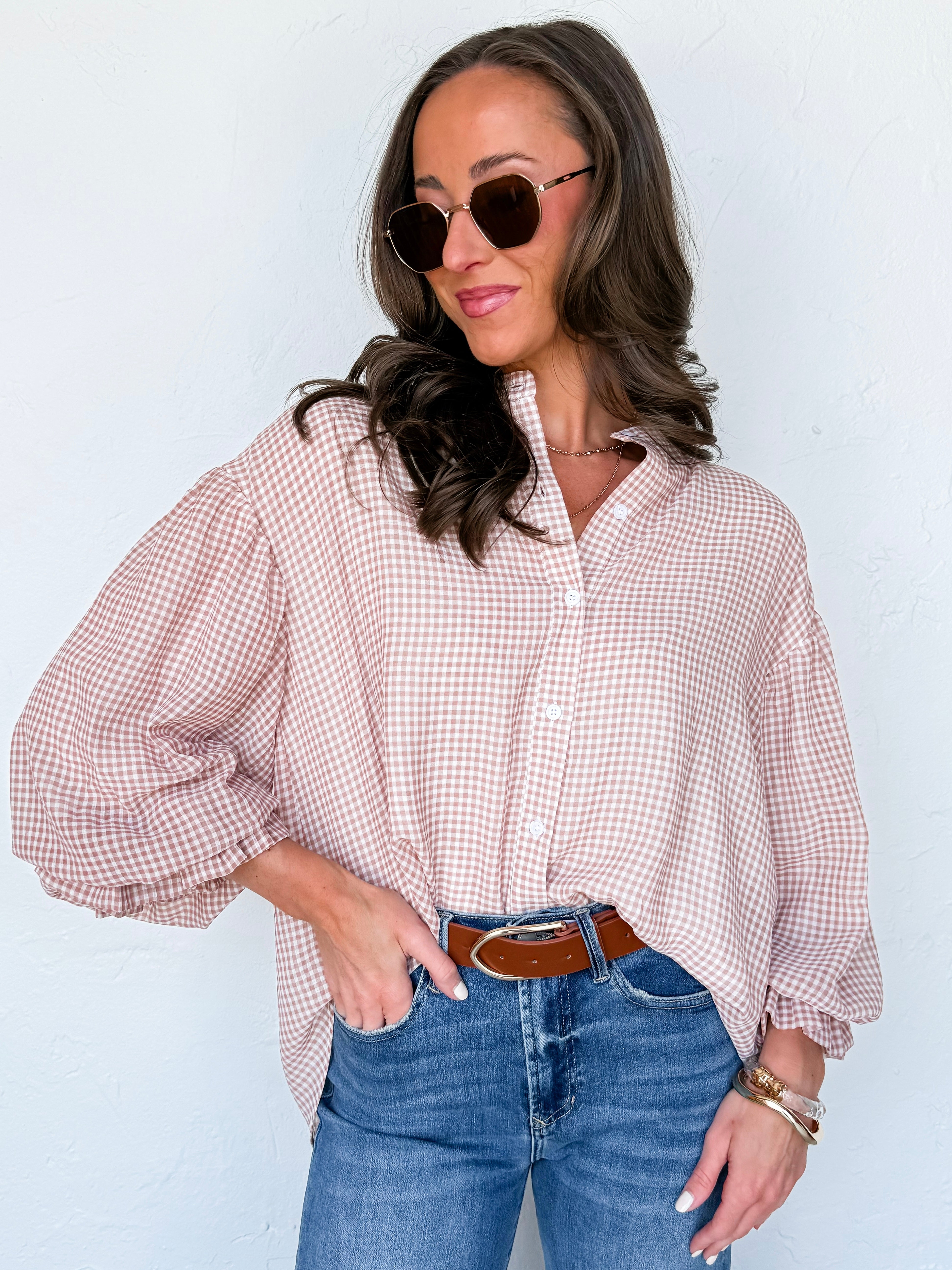 Darlene Gingham Top-Cream