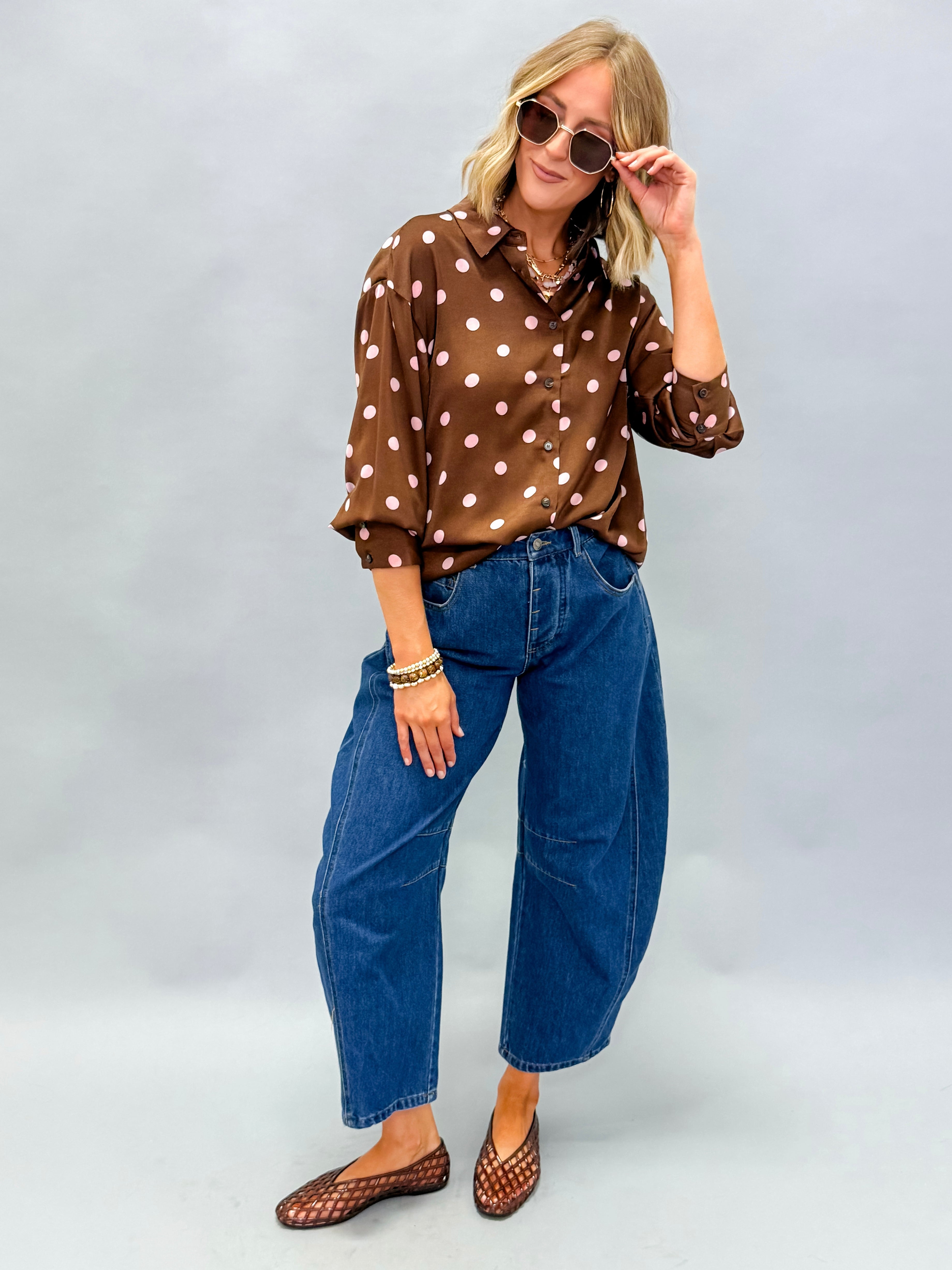 Darma Polka Dot Satin Button Front Top