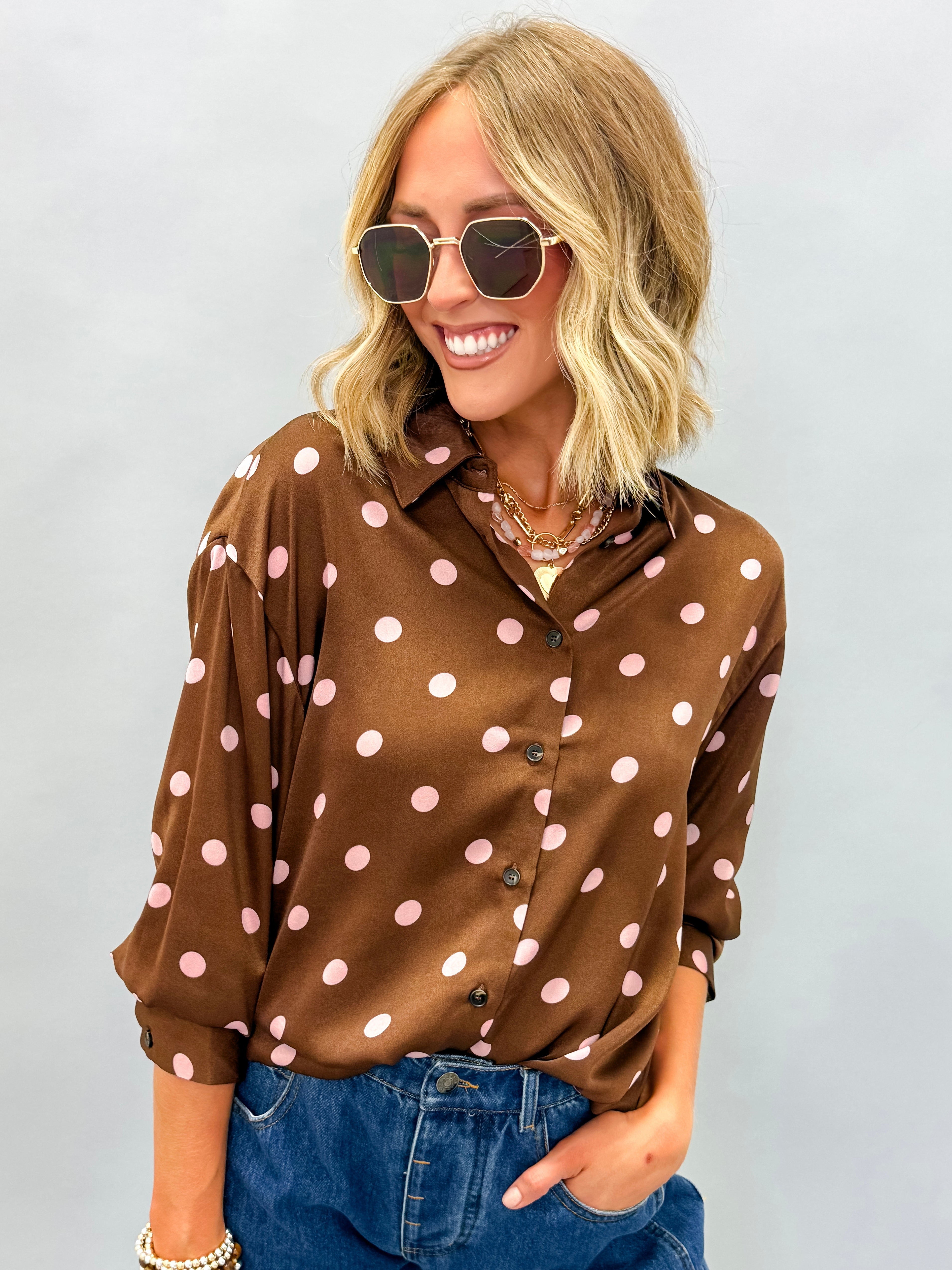Darma Polka Dot Satin Button Front Top