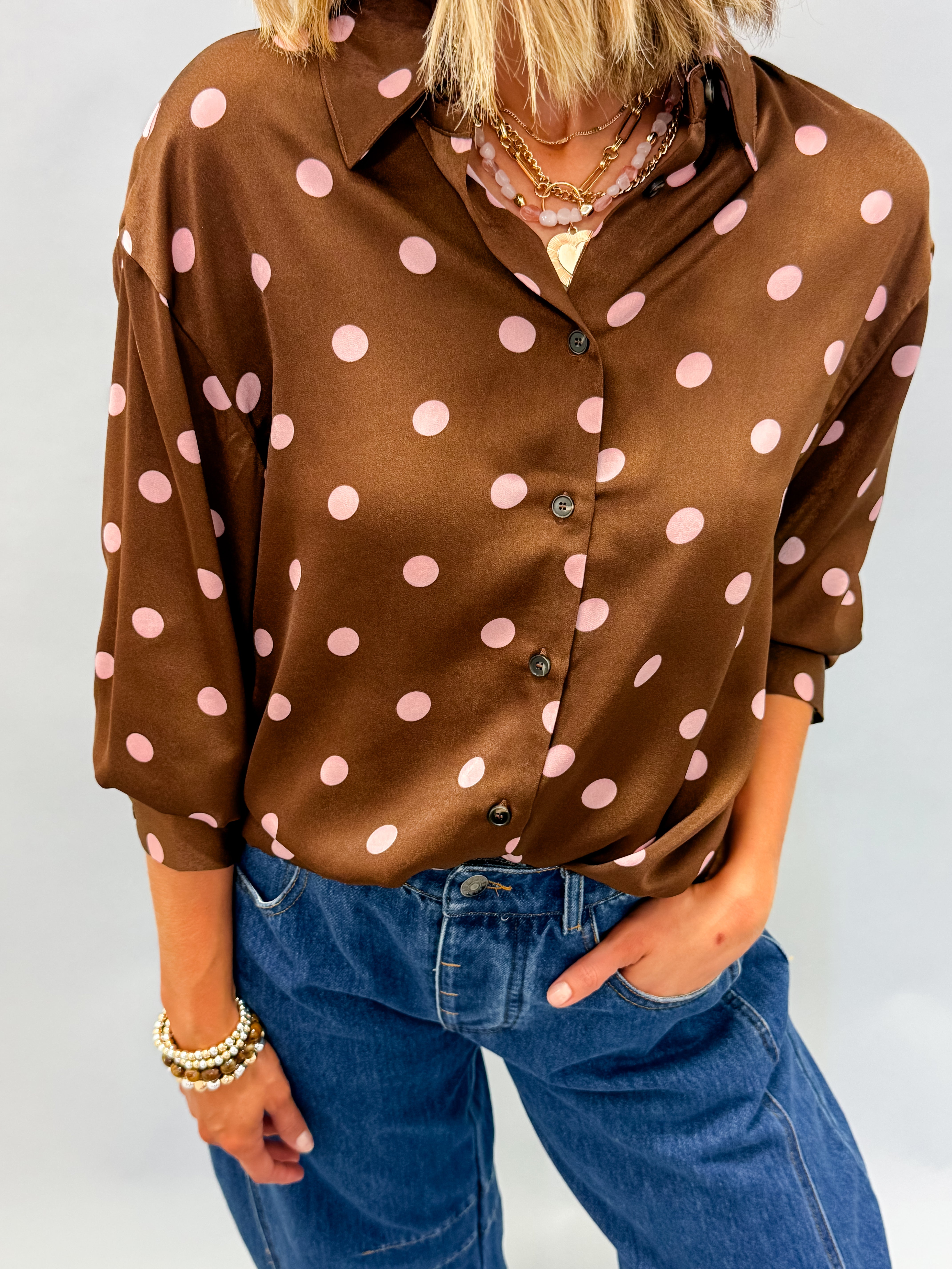 Darma Polka Dot Satin Button Front Top