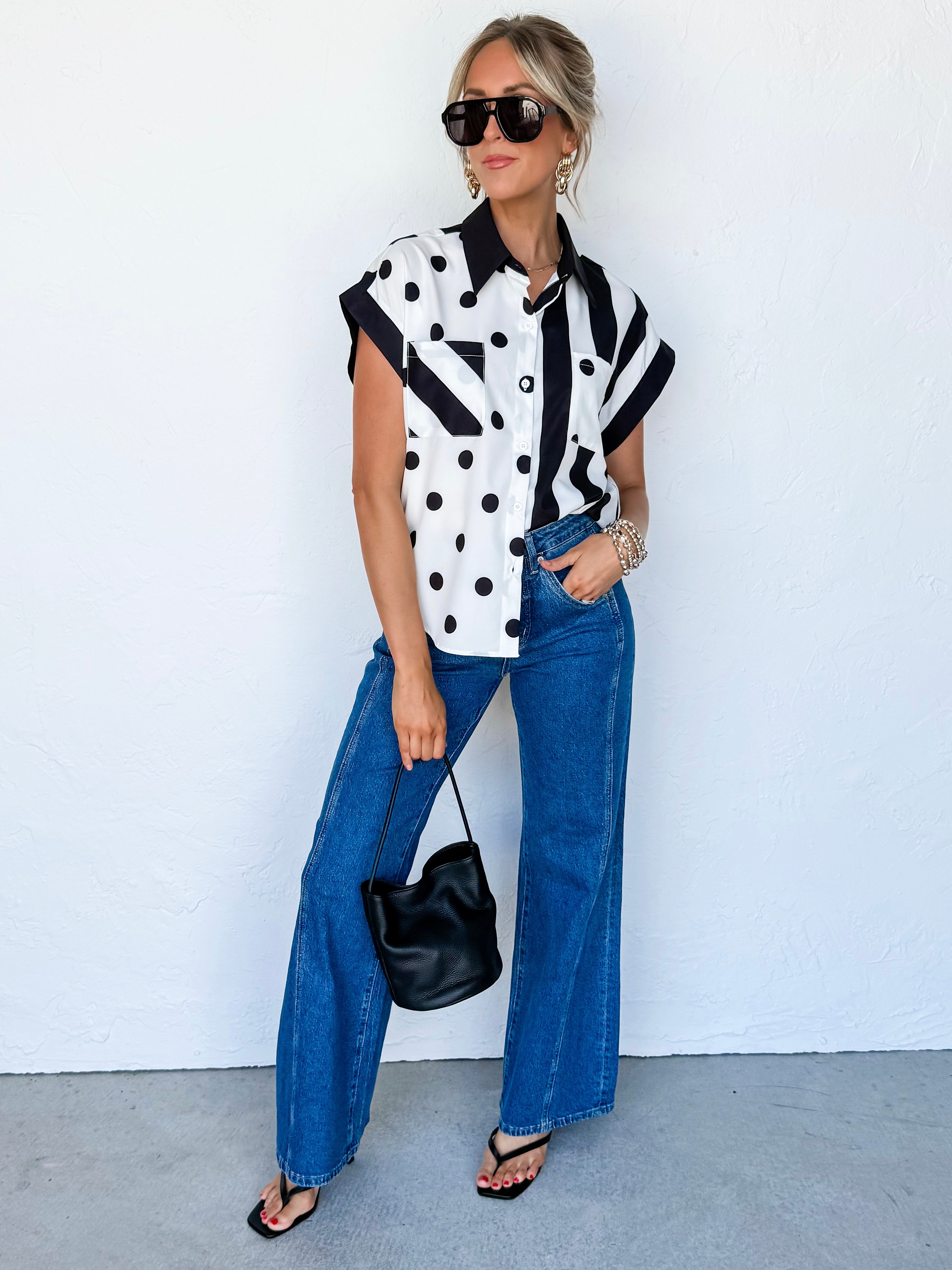 Debbie Dot And Stripe Button Front Top