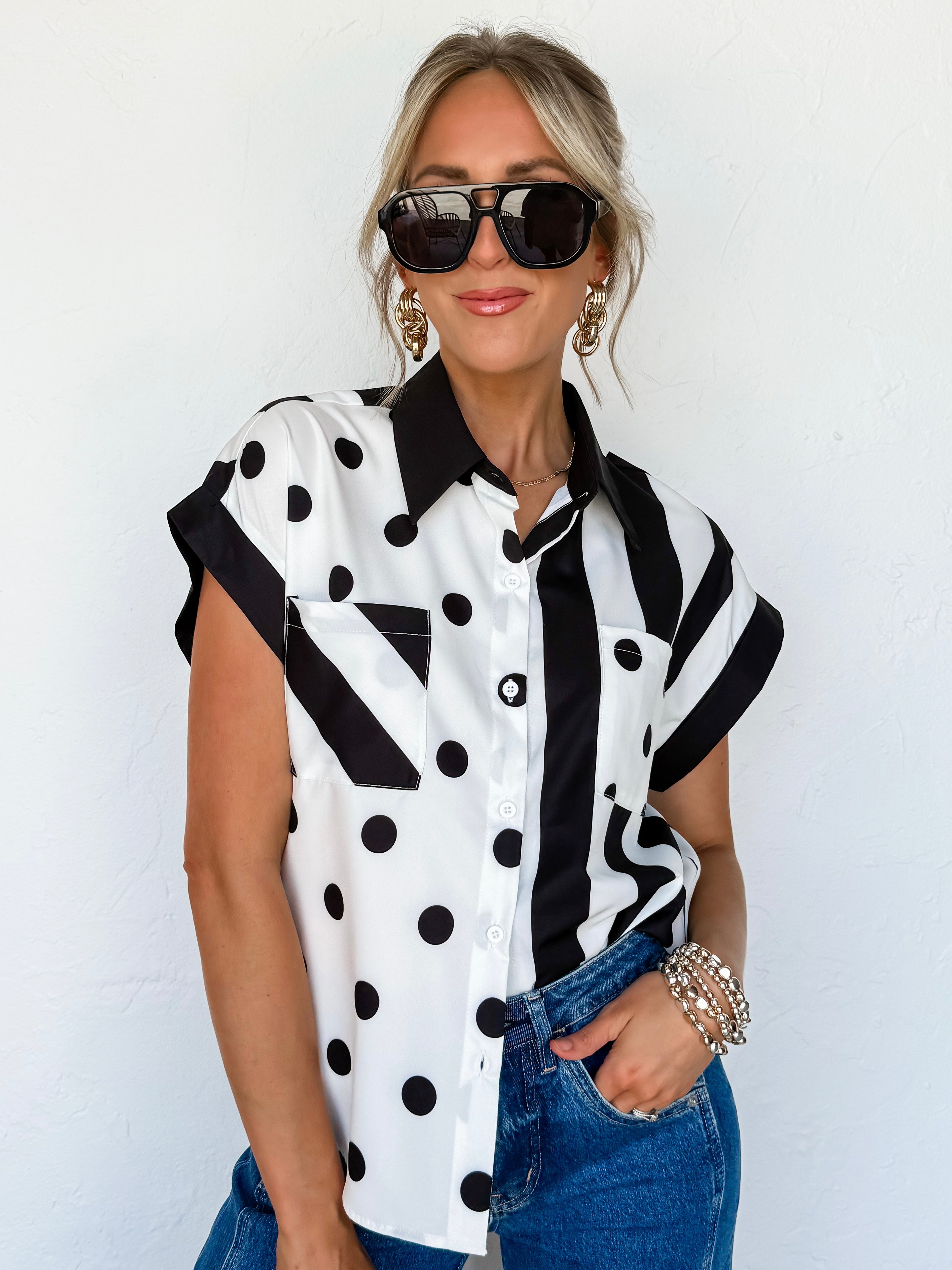 Debbie Dot And Stripe Button Front Top