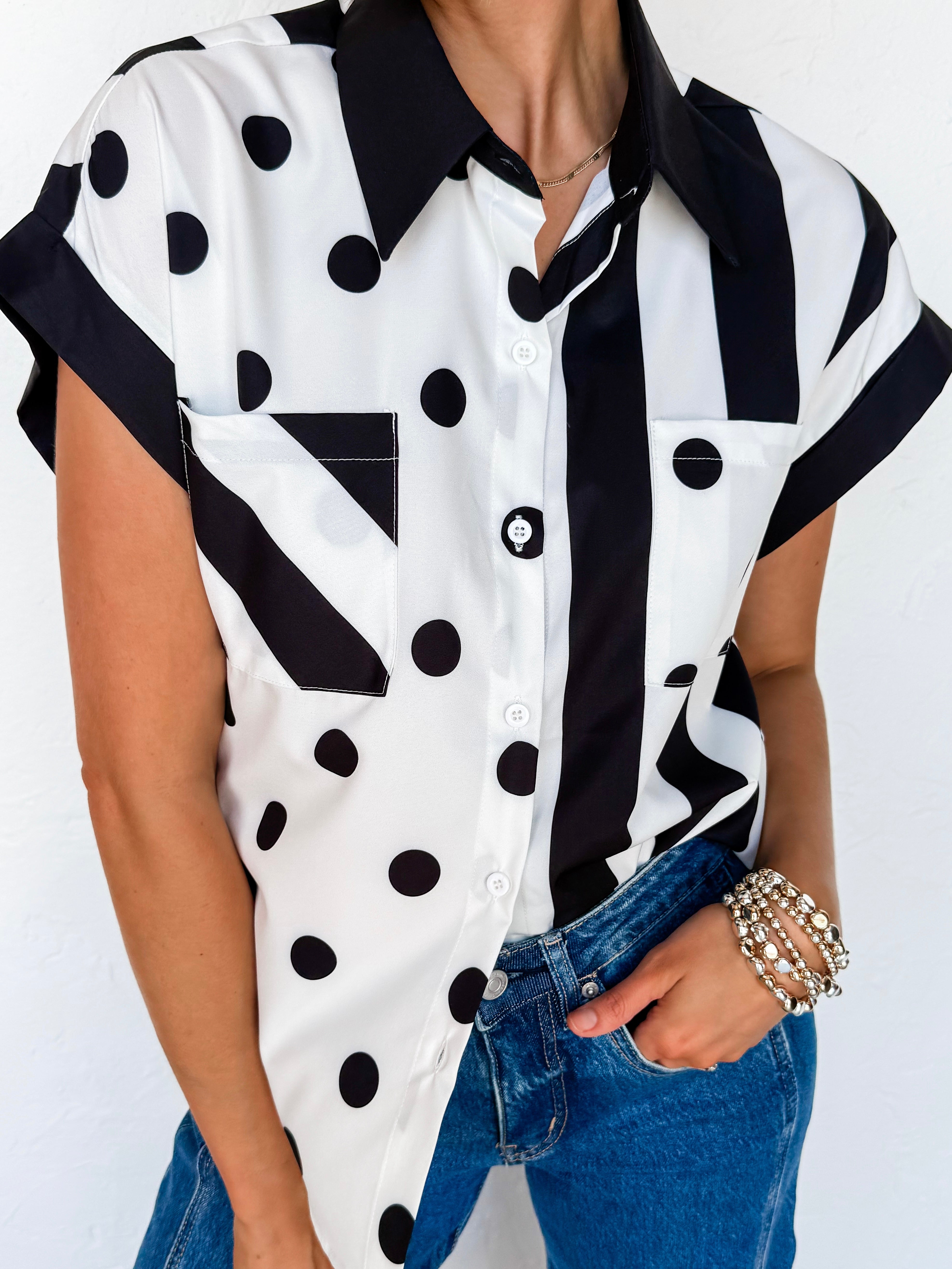 Debbie Dot And Stripe Button Front Top