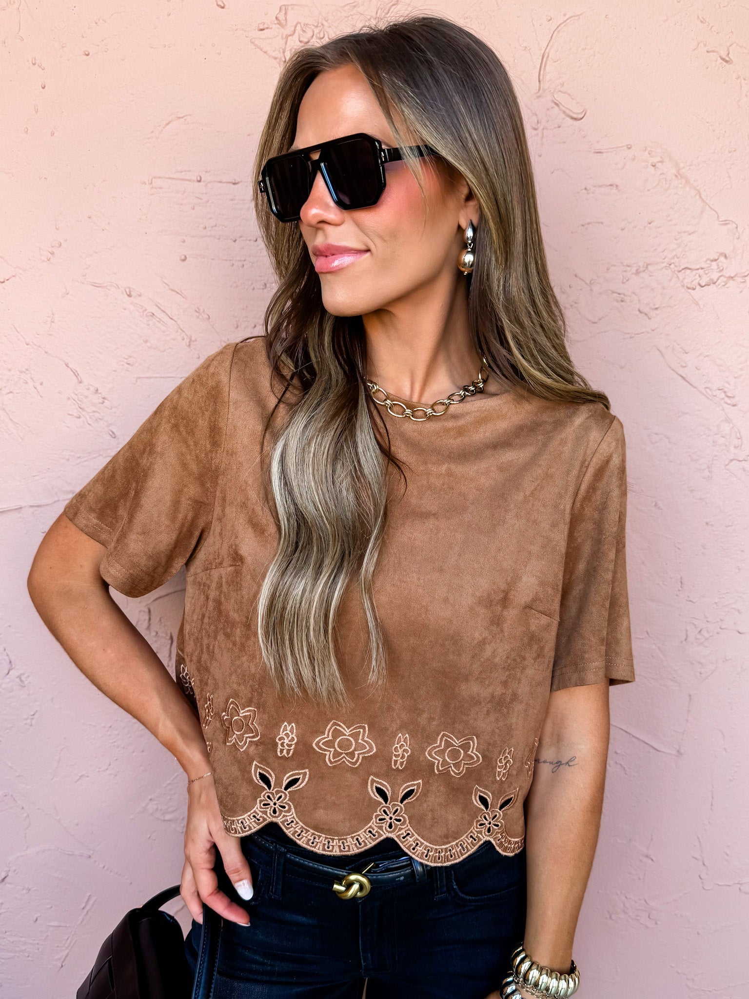 In Season Faux Suede Scalloped Top