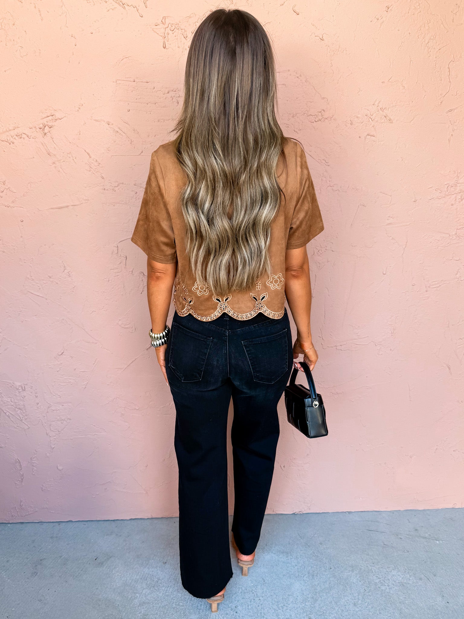 In Season Faux Suede Scalloped Top