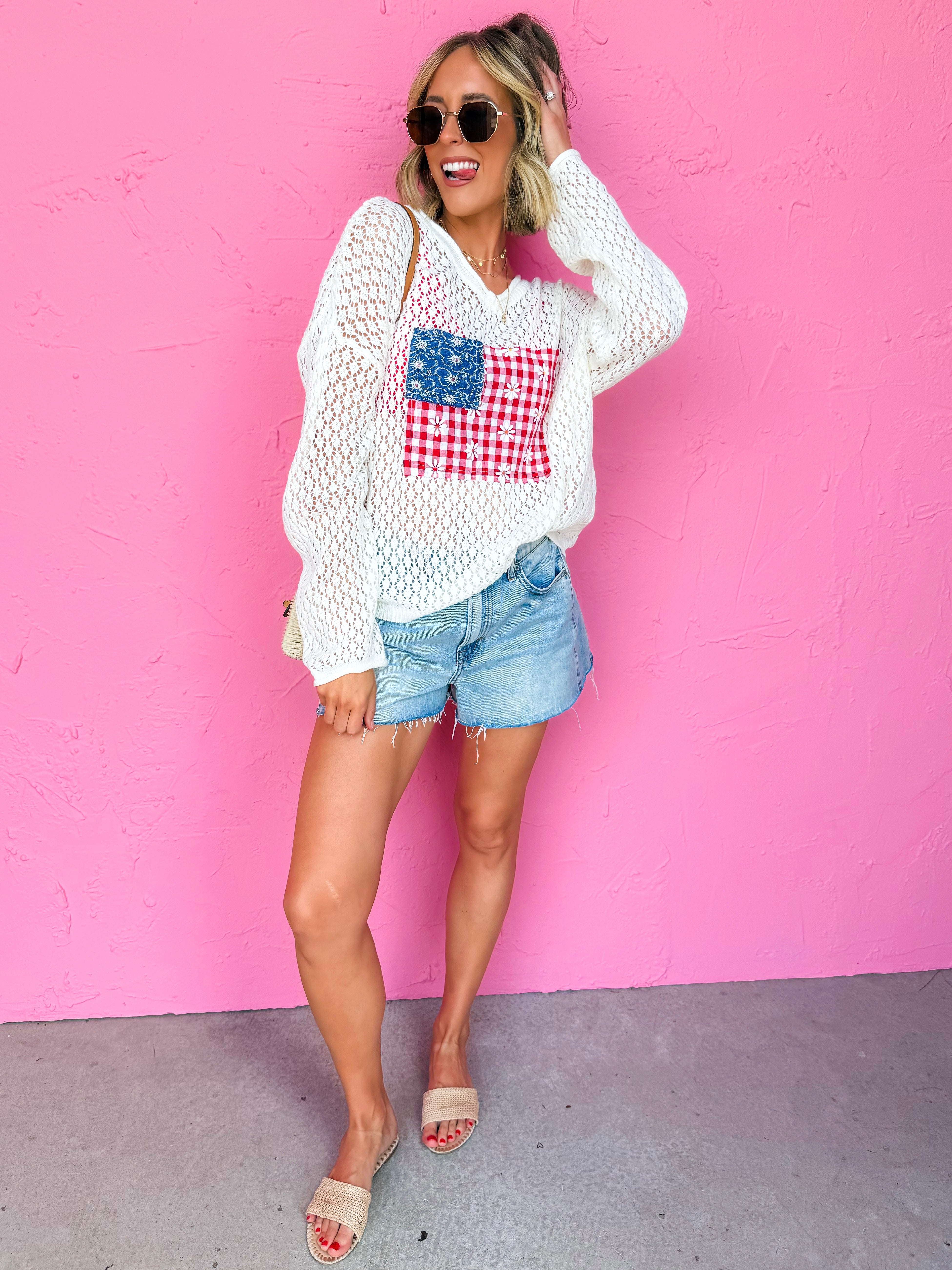 Destini USA Flag Open Knit Long Sleeve Top