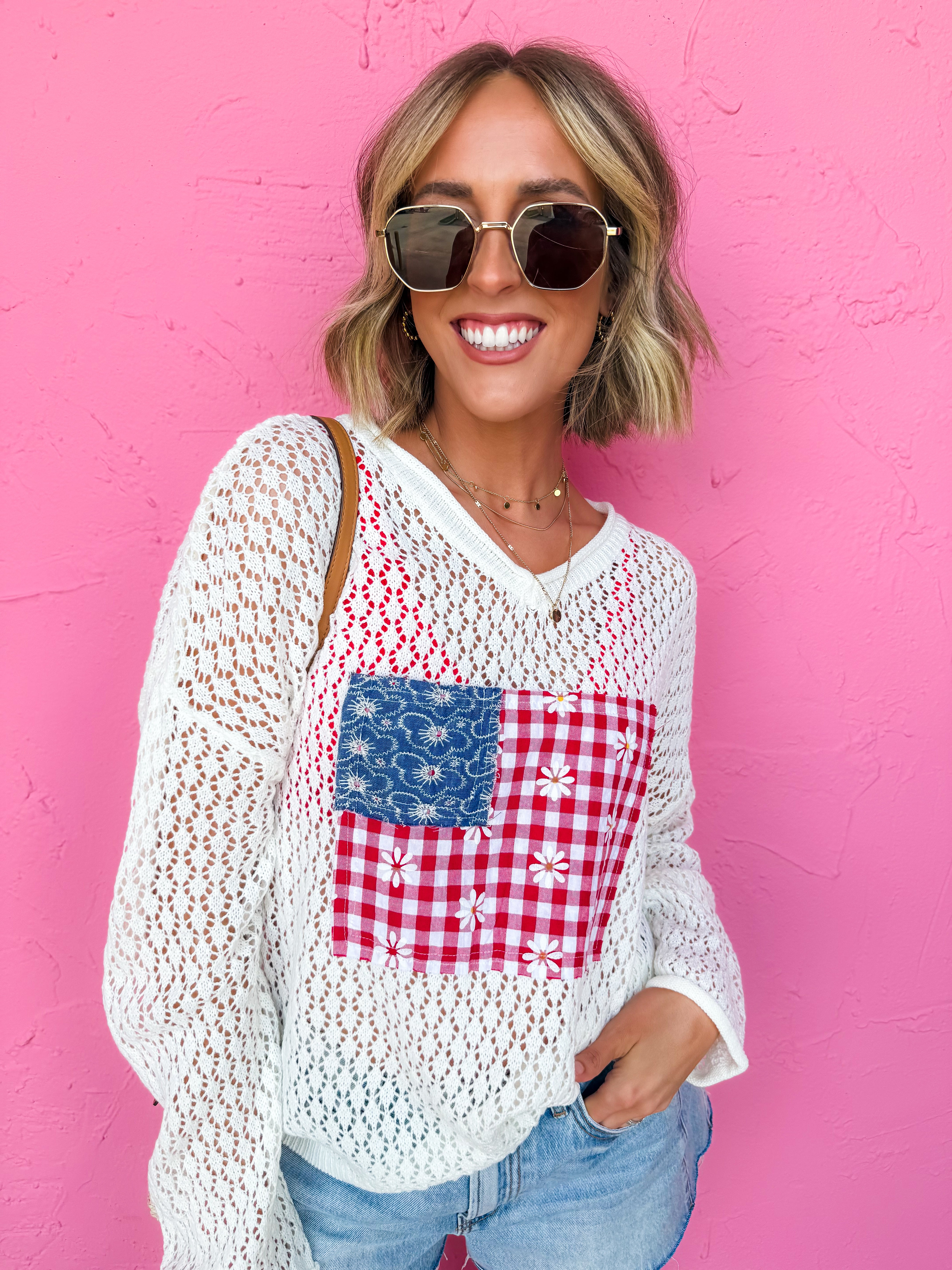 Destini USA Flag Open Knit Long Sleeve Top