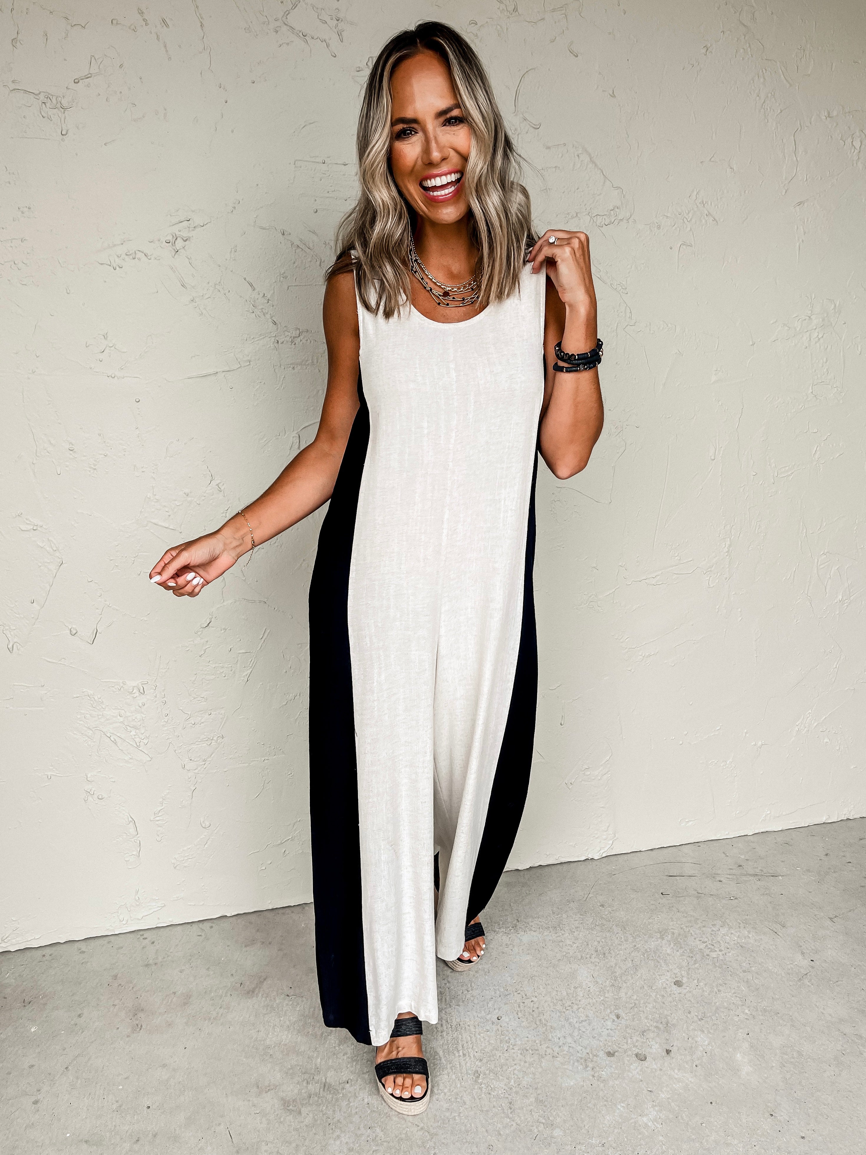 Do A Double Take Side Contrast Linen Jumpsuit