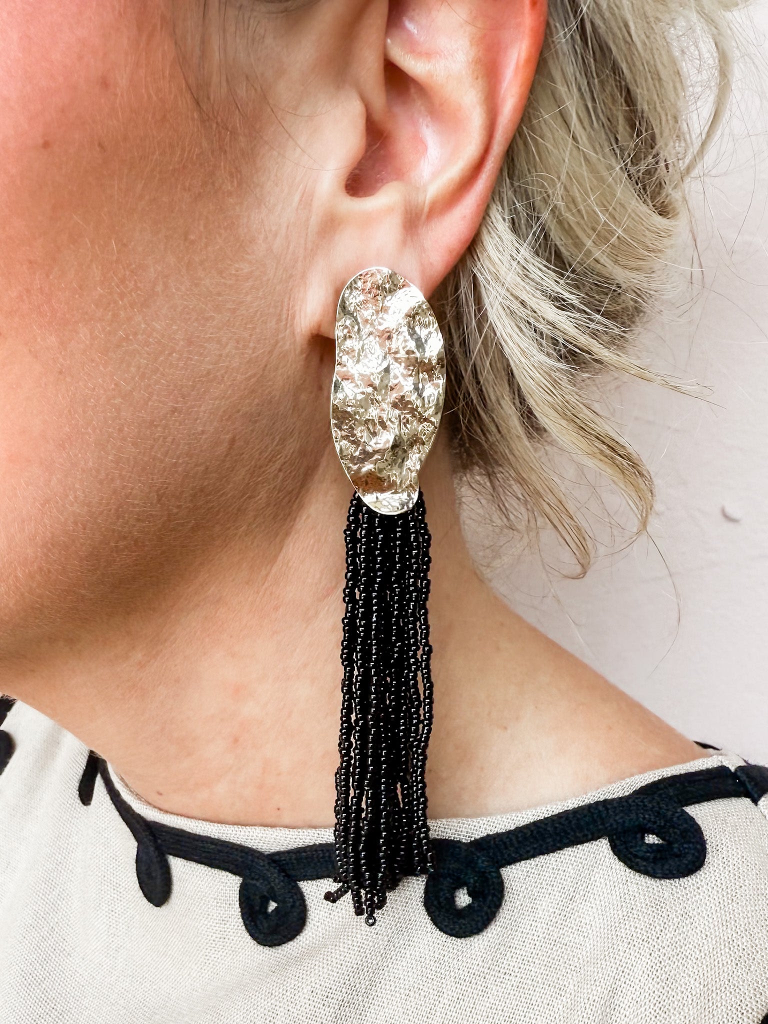 Dreamy Desires Seed Beaded Tassel Earrings-Black