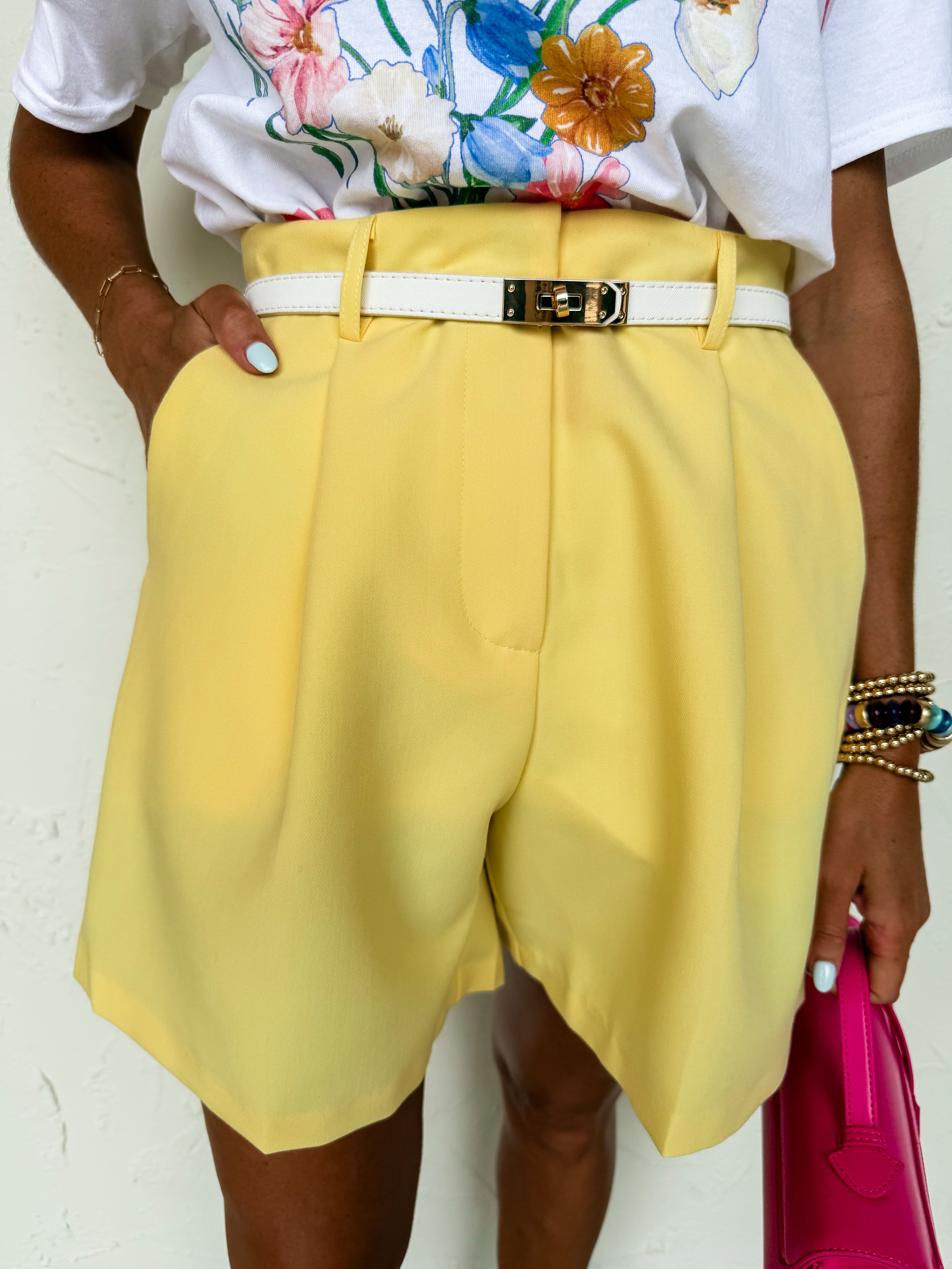 Easy Enough Pleated Shorts-Creamy Yellow