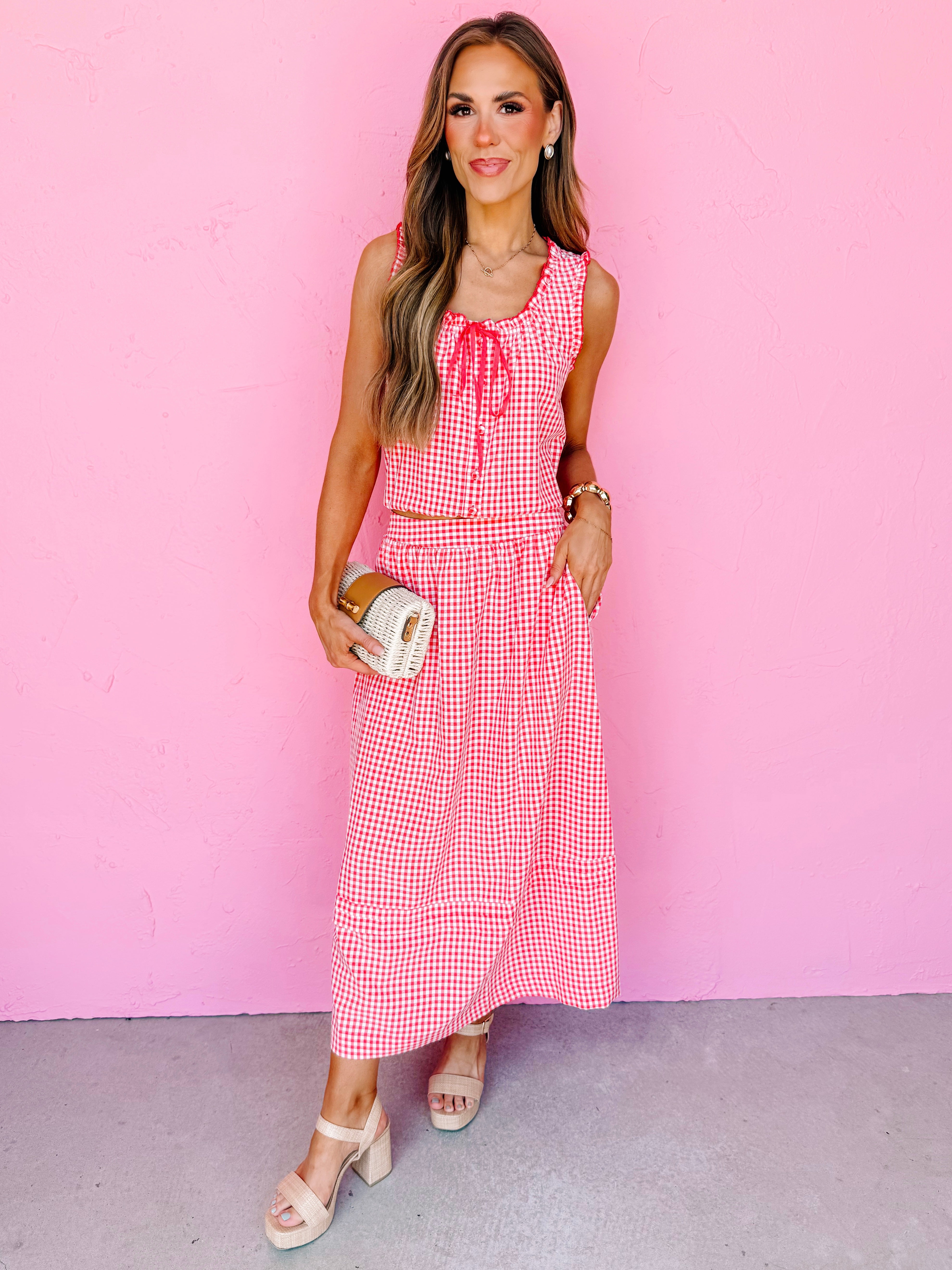 Elaina Button Front Gingham Top-Red