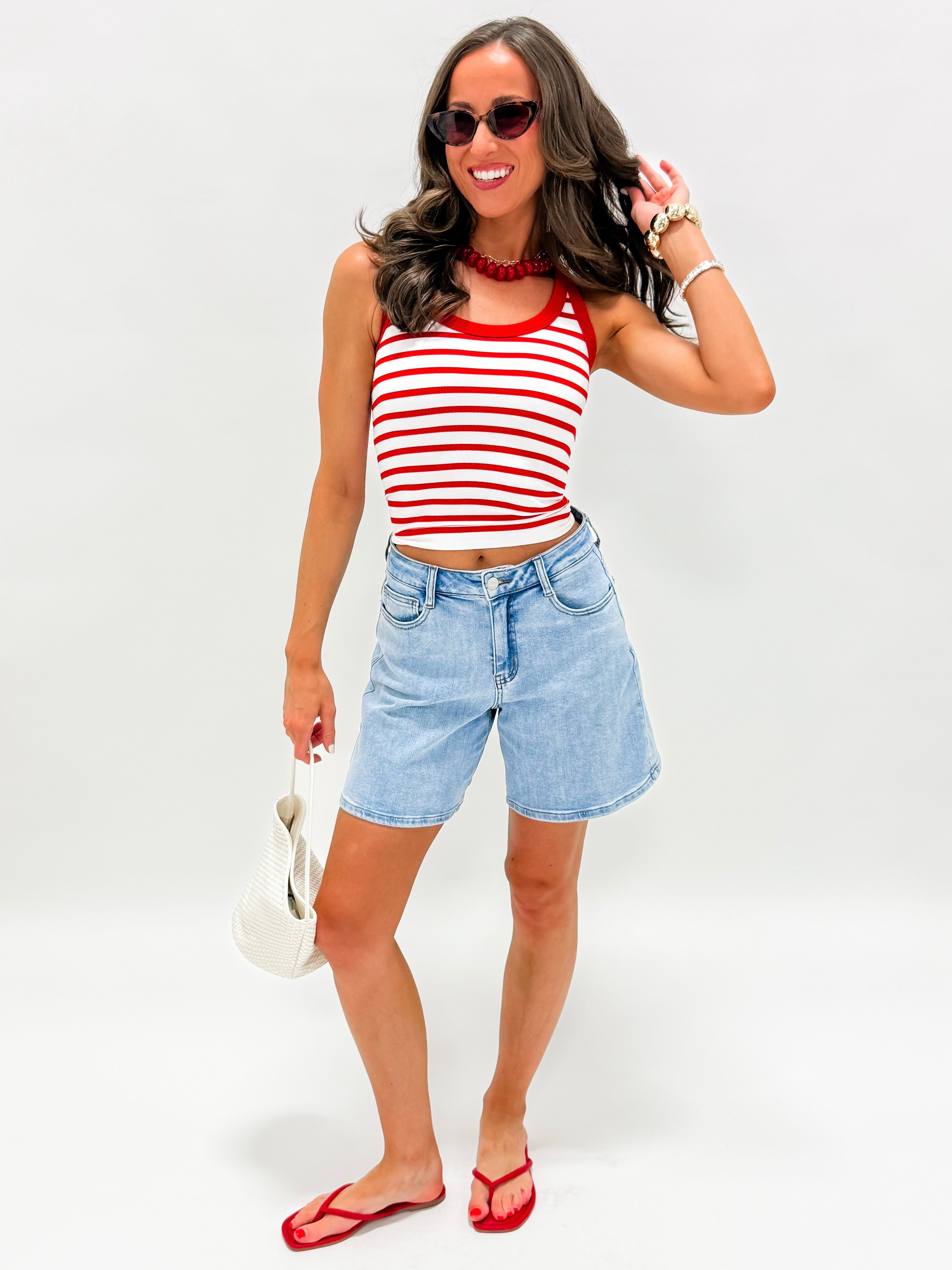 Elaine Stripe Racerback Tank Top-Red