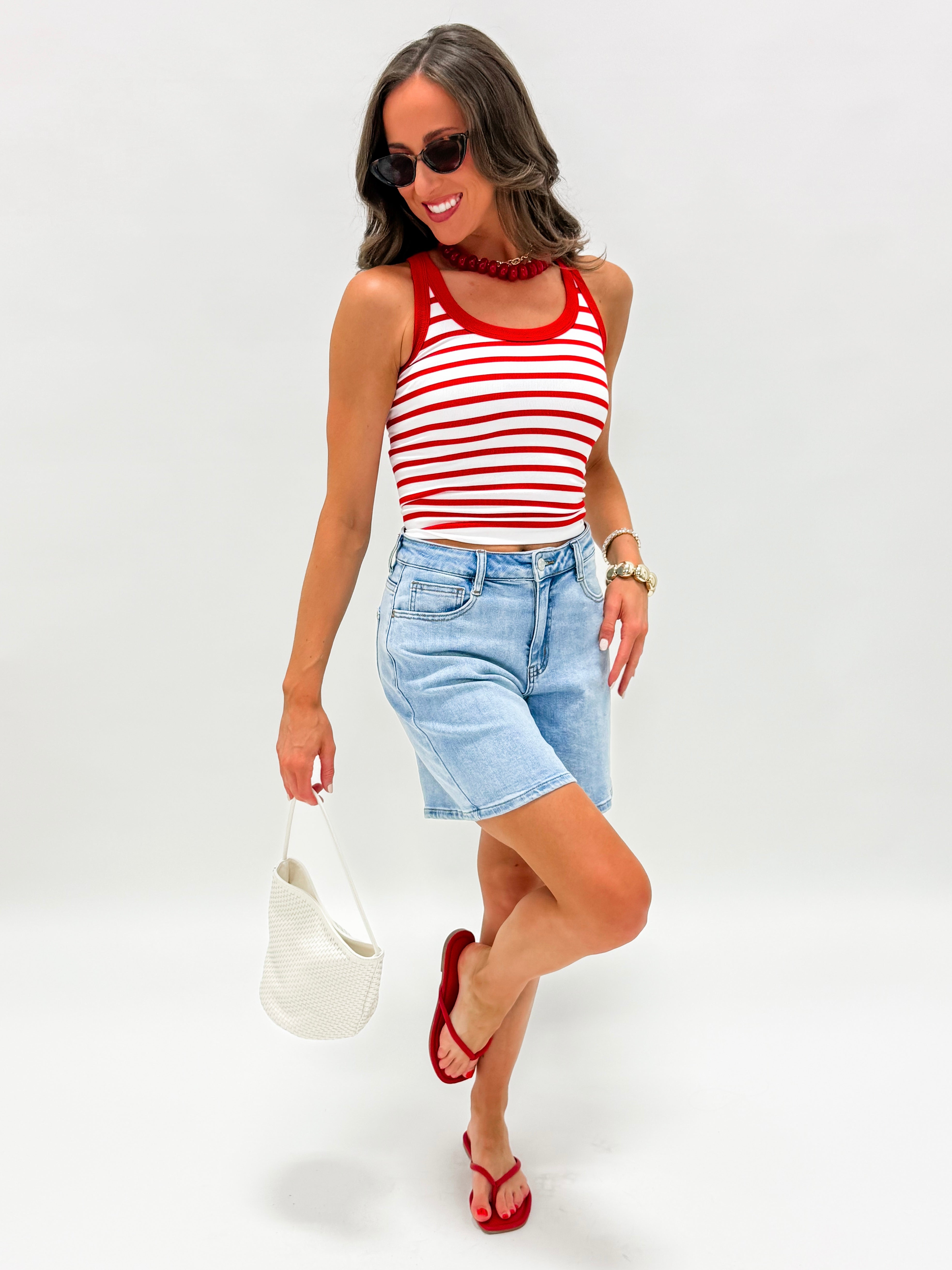 Elaine Stripe Racerback Tank Top-Red