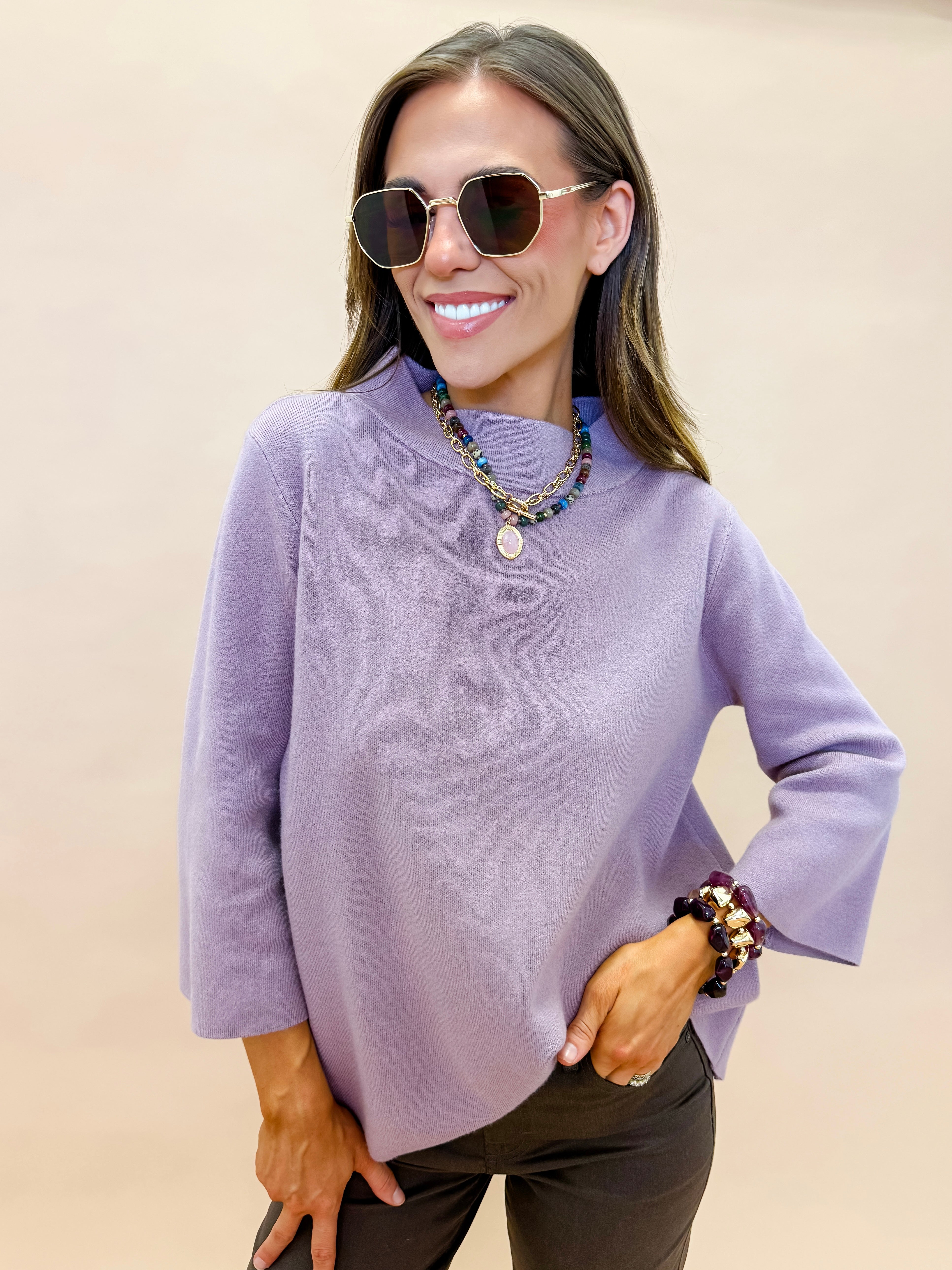 トップス BELVET Ellen Mock Neck Bell Sleeve Sweater-Dusty Rose