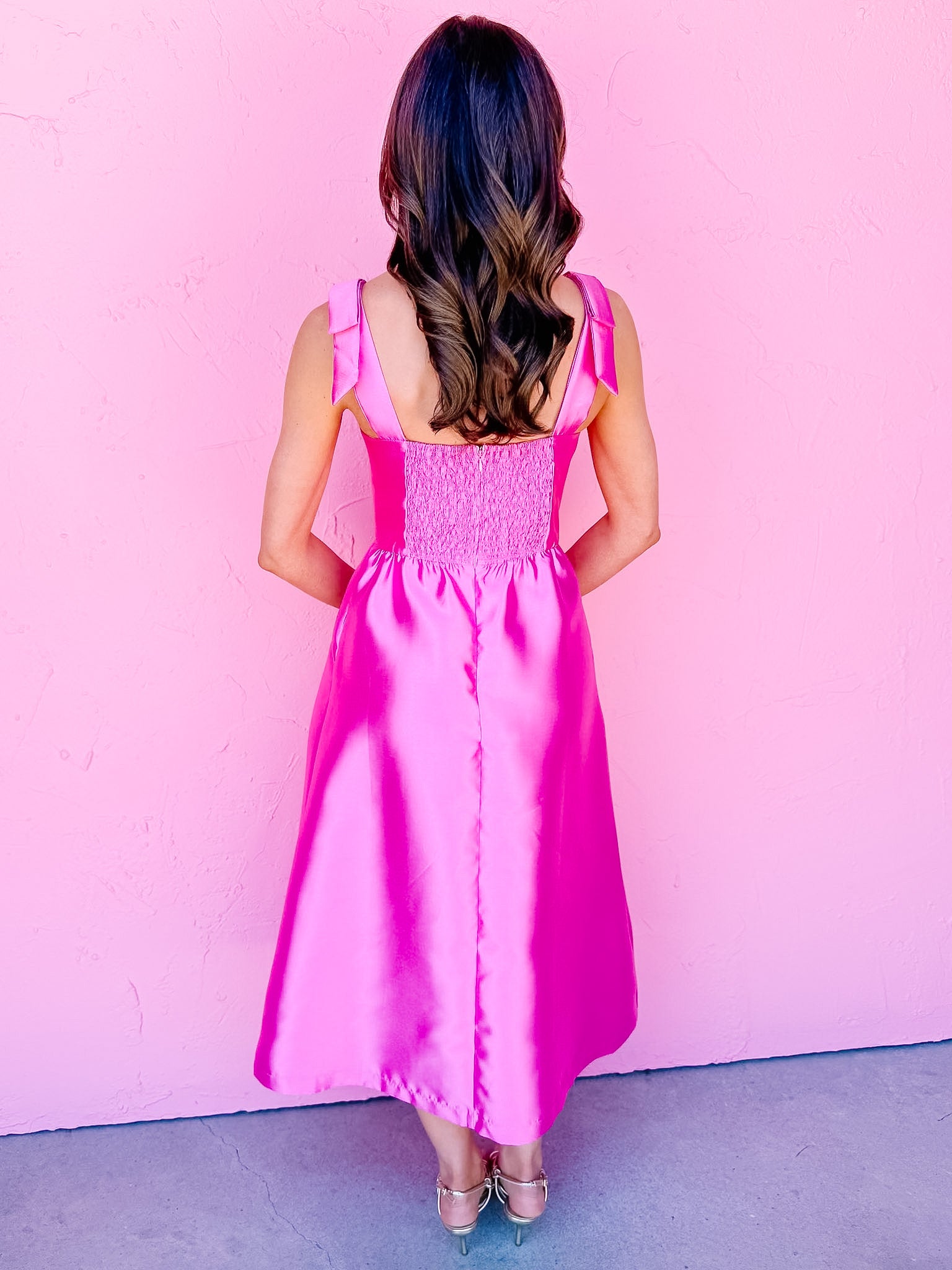 Emmaline Bow Strap Taffeta Midi Dress