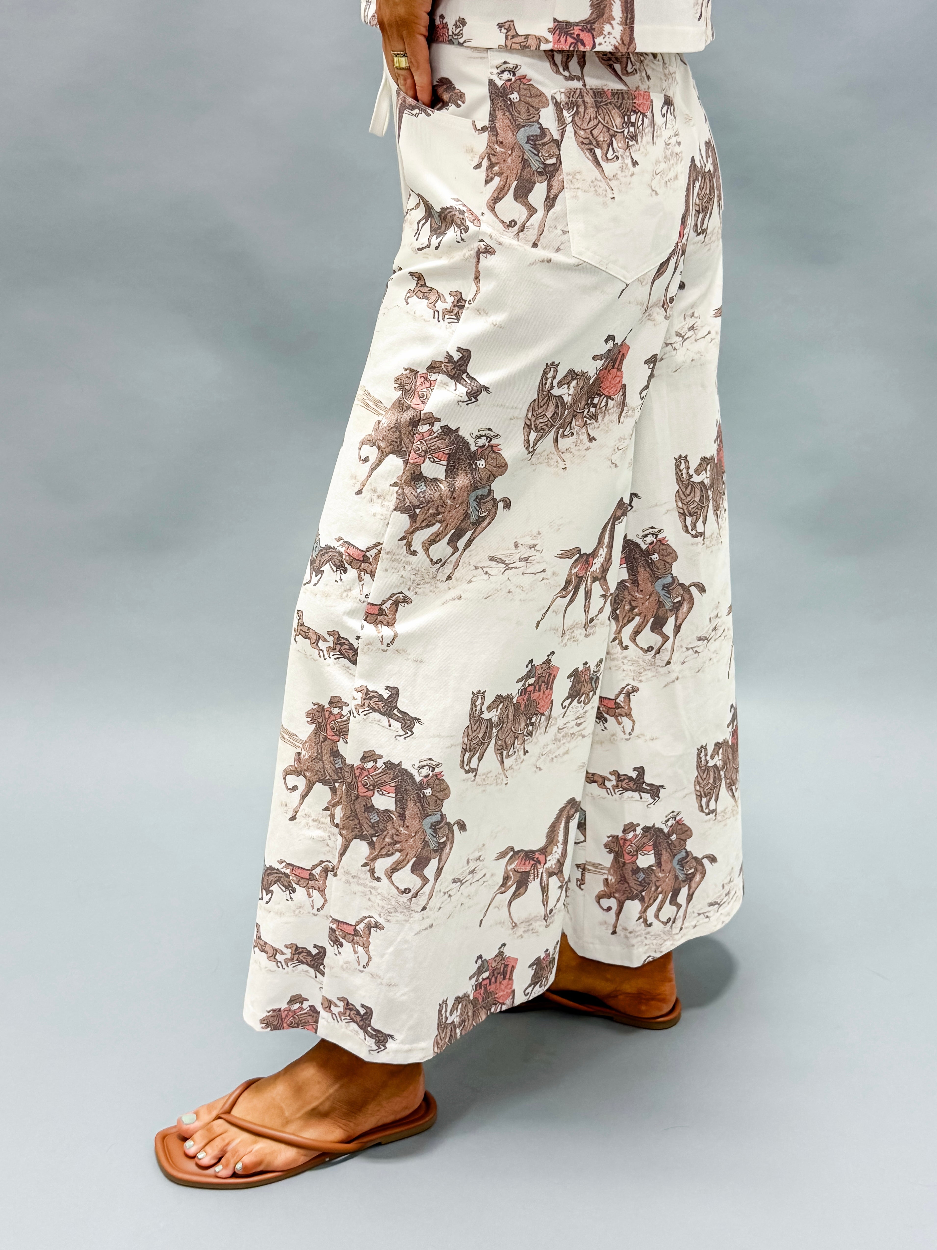 Emmeline Drawstring Horse Print Wide Leg Pants