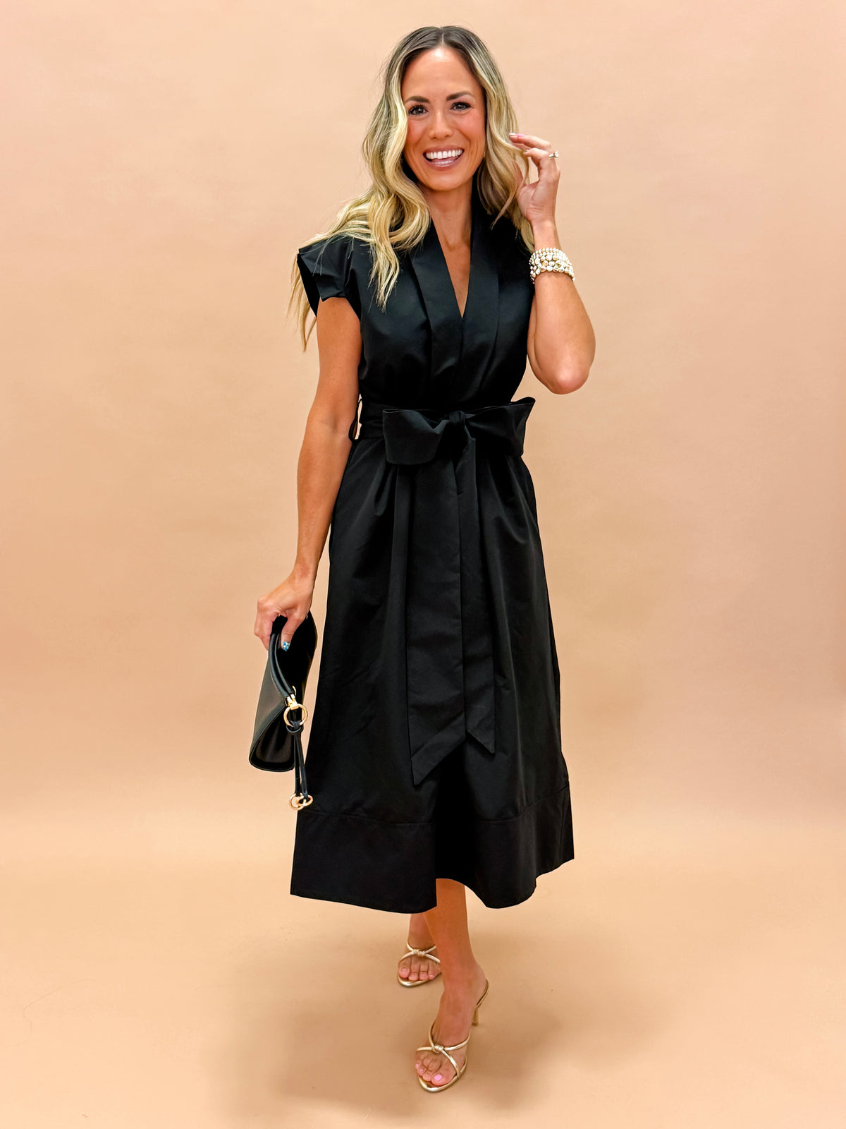Erica Pleated V-neck Dress-Black