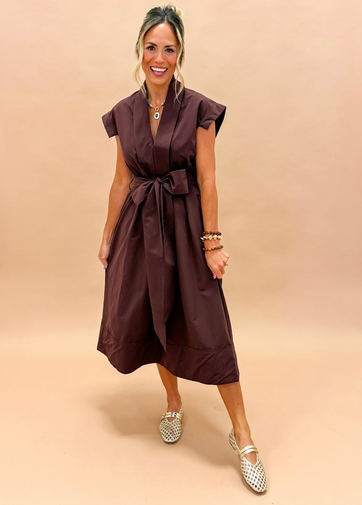 Erica Pleated V-neck Dress-Brown