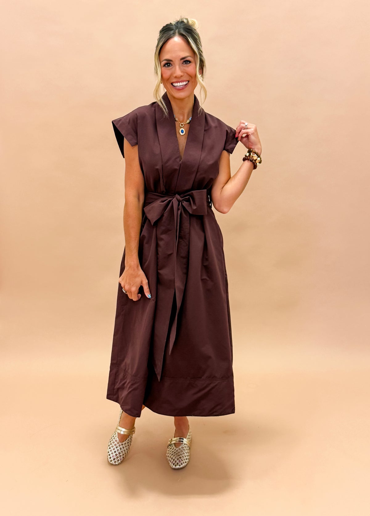 Erica Pleated V-neck Dress-Brown