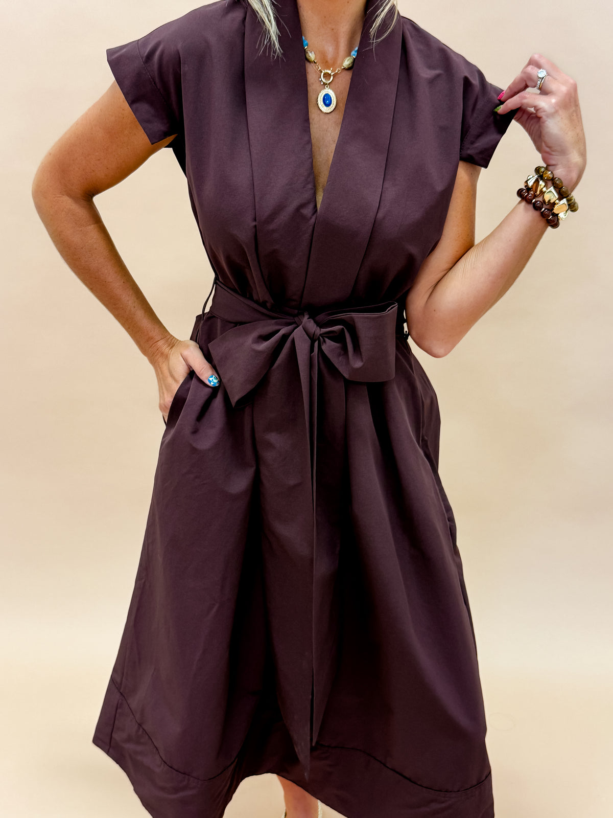 Erica Pleated V-neck Dress-Brown