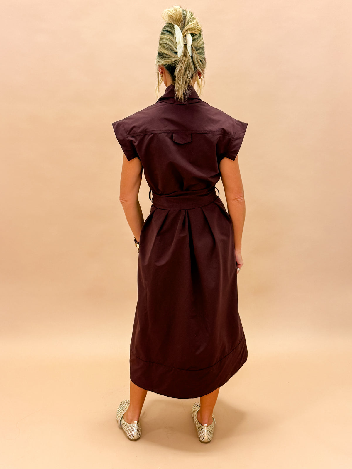 Erica Pleated V-neck Dress-Brown