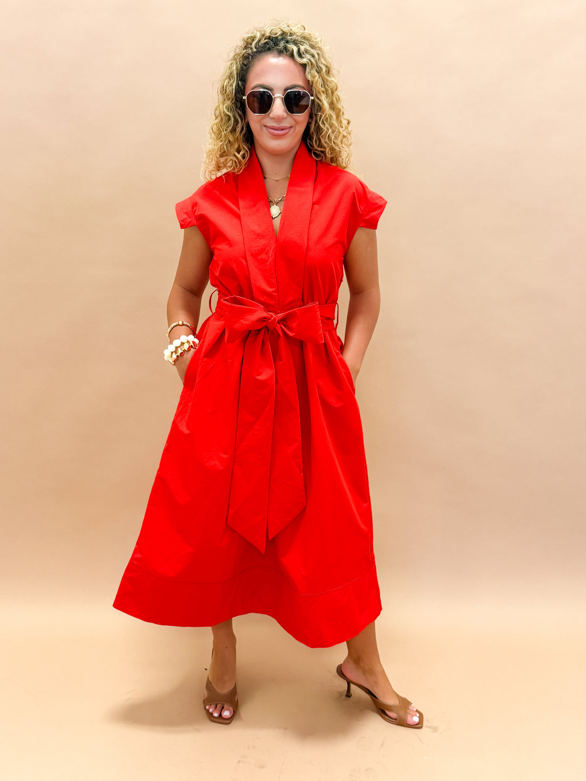 Erica Pleated V-neck Dress-Red