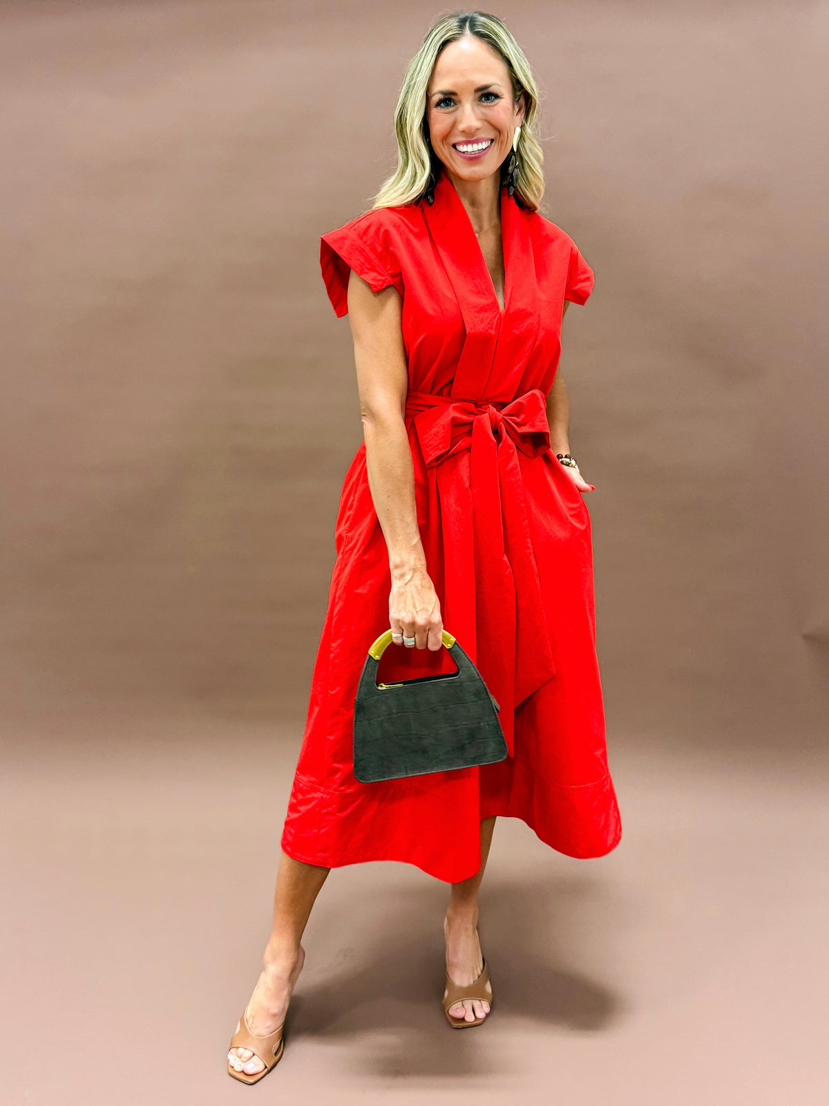 Erica Pleated V-neck Dress-Red