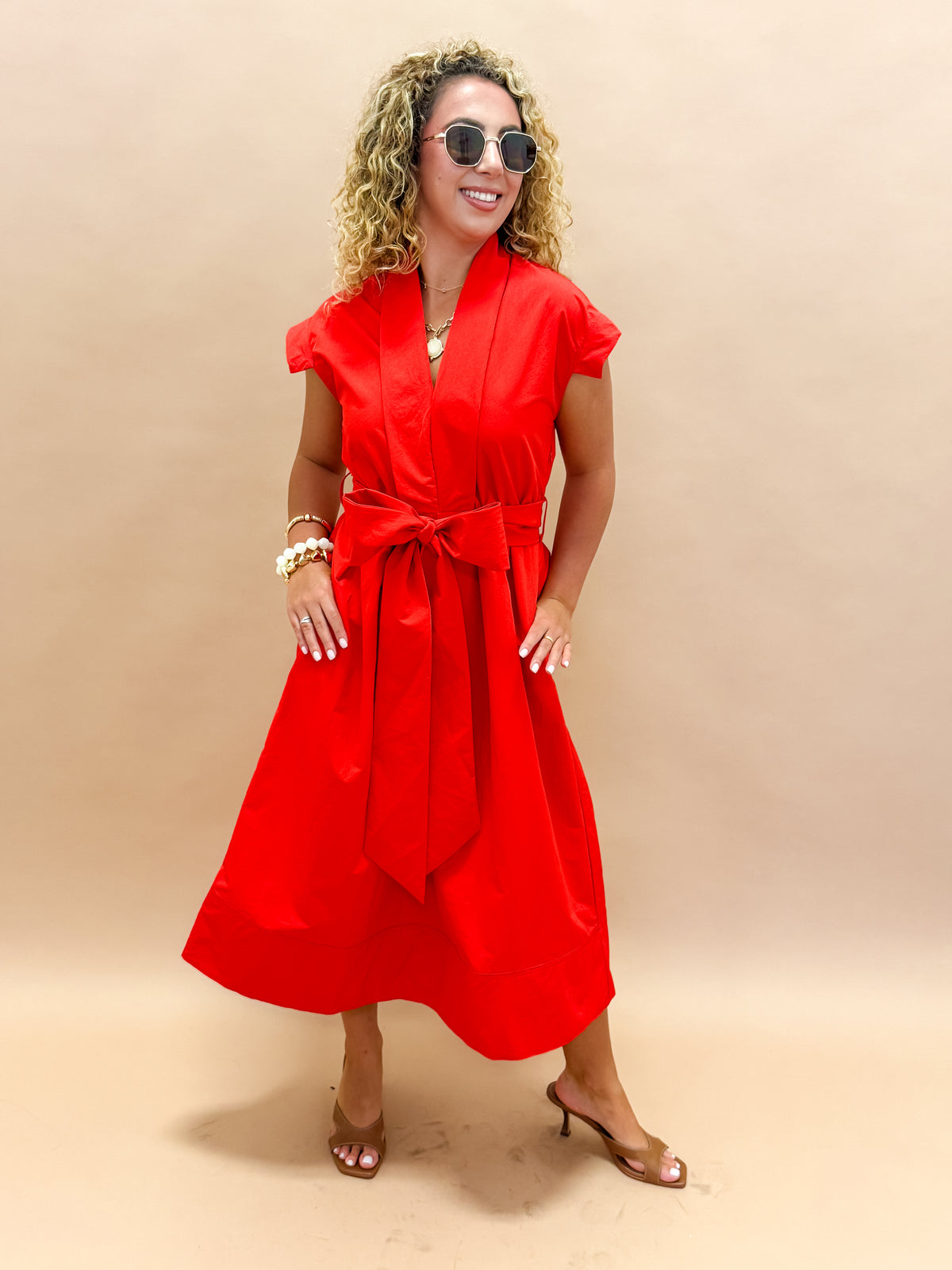 Erica Pleated V-neck Dress-Red