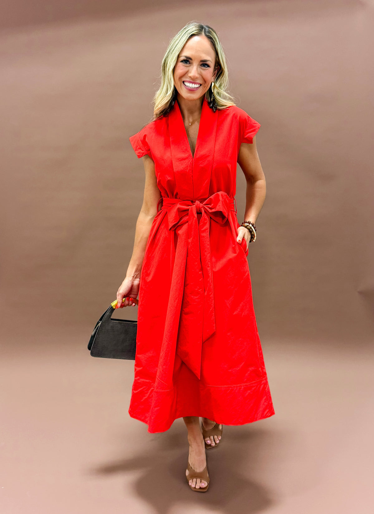 Erica Pleated V-neck Dress-Red
