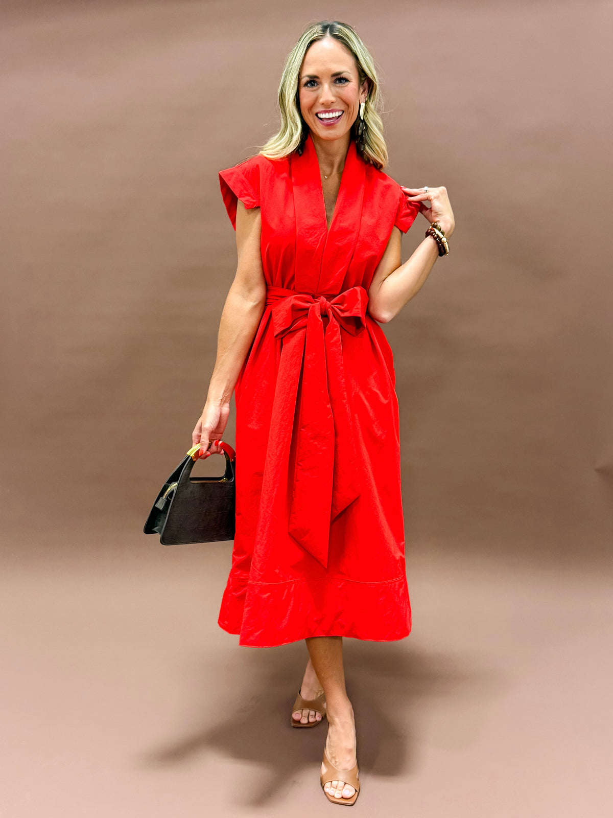 Erica Pleated V-neck Dress-Red