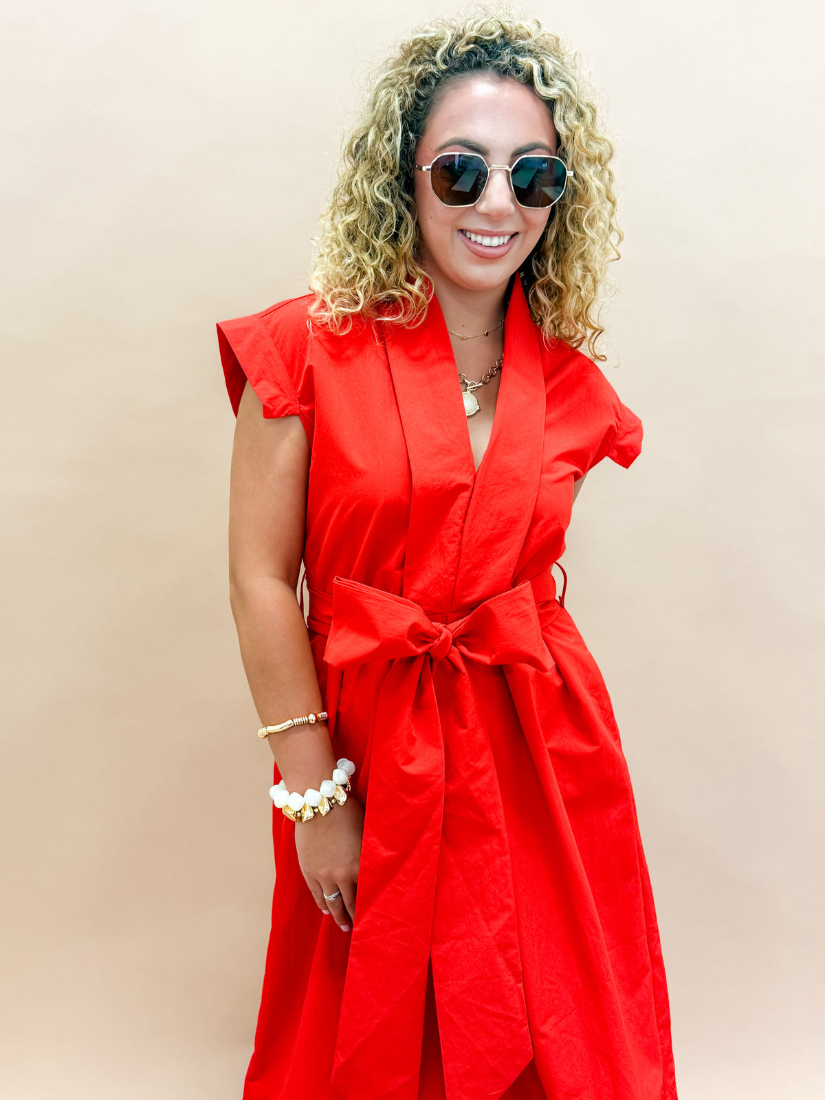 Erica Pleated V-neck Dress-Red