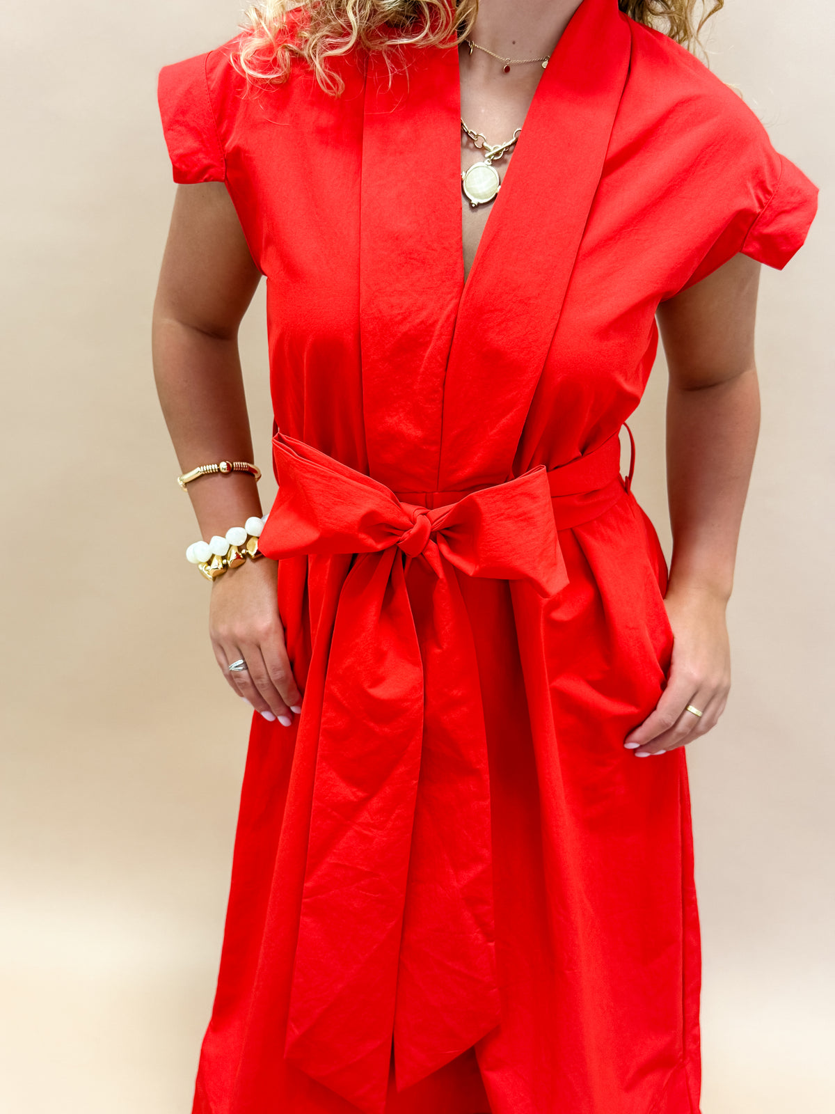 Erica Pleated V-neck Dress-Red