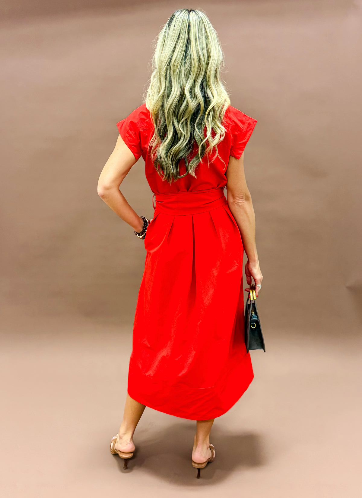 Erica Pleated V-neck Dress-Red