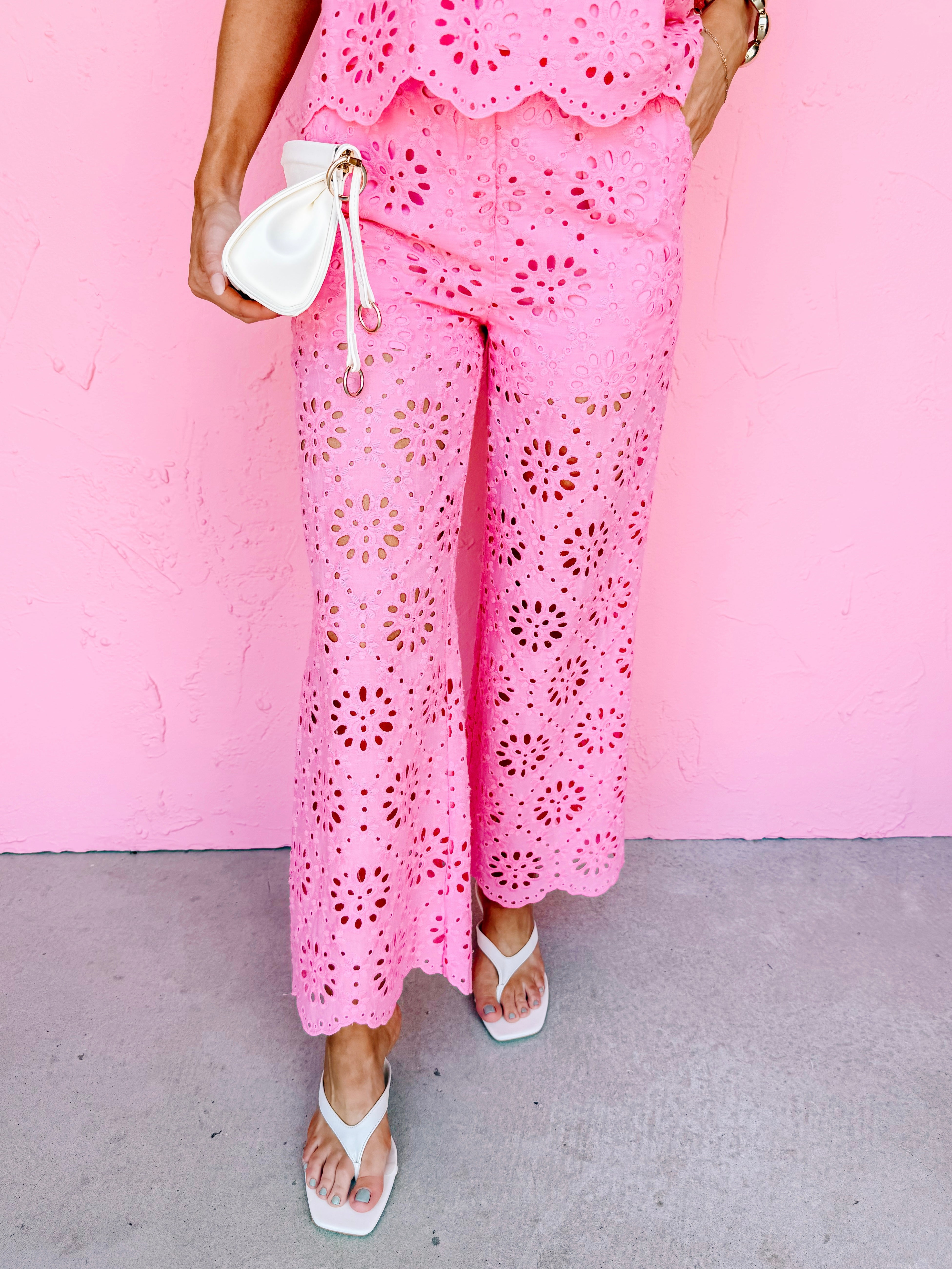 Essie Eyelet Wide Leg Cropped Pants-Pink