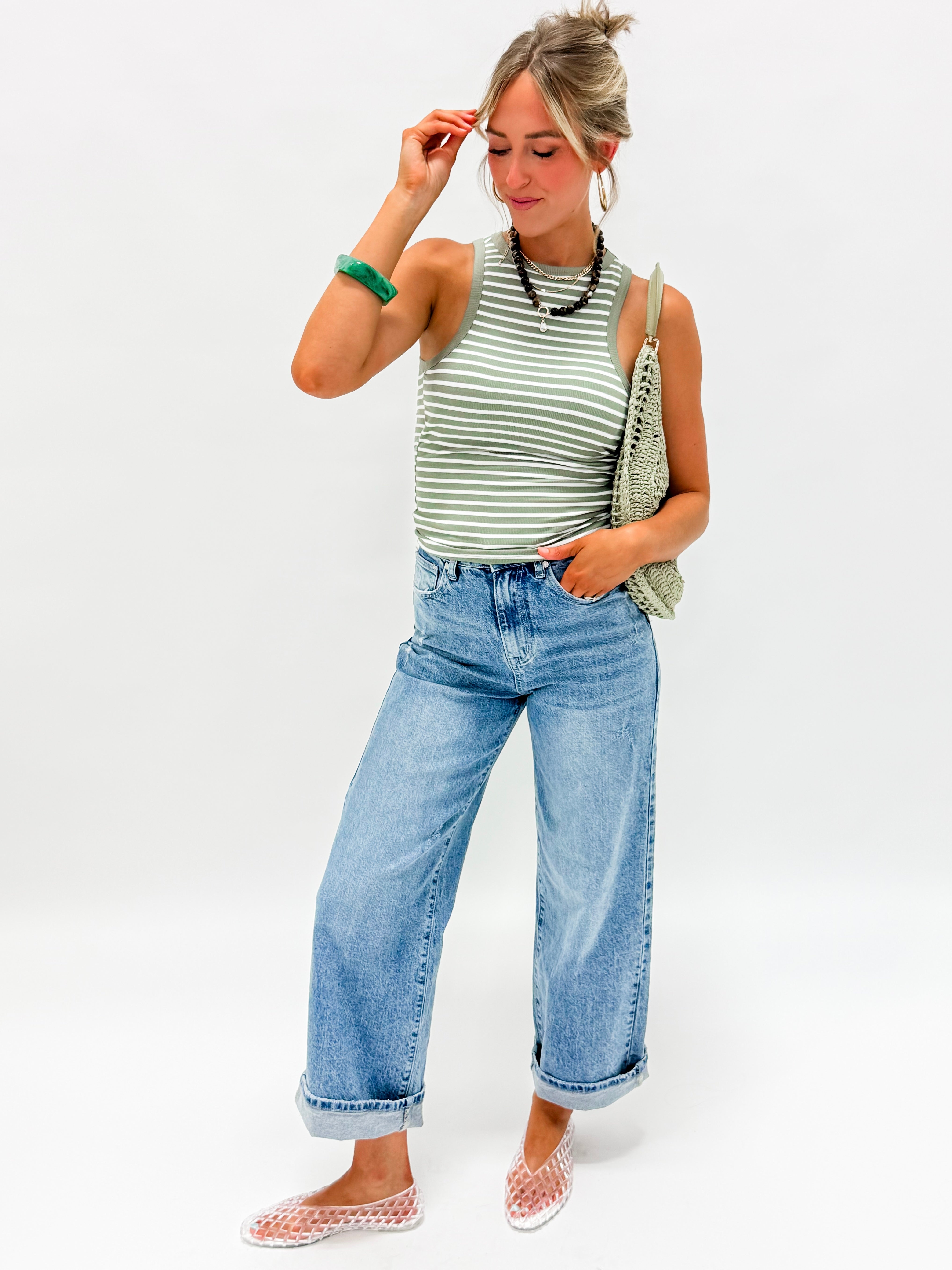 Eva Striped Crew Neck Tank Top-Green