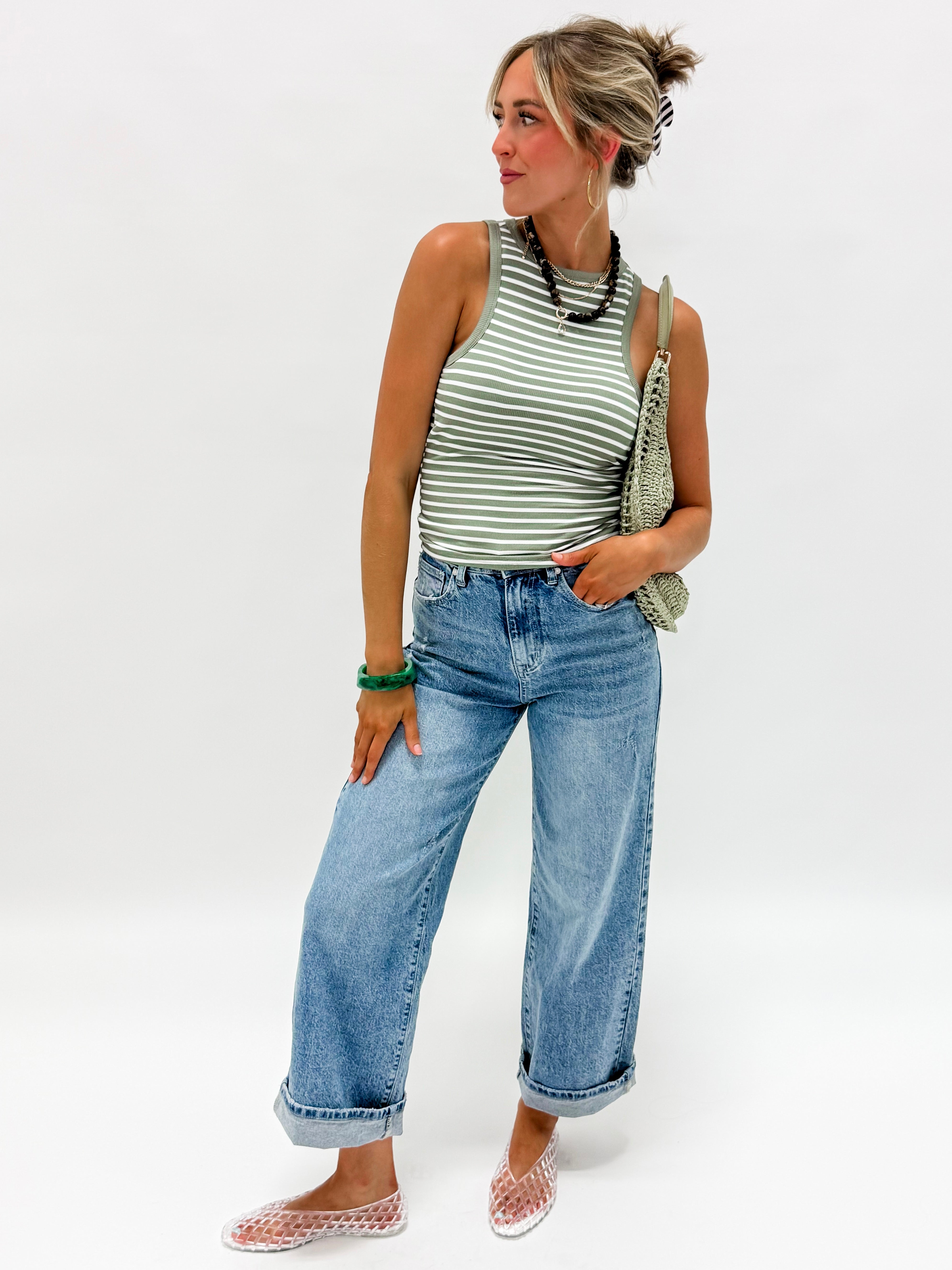 Eva Striped Crew Neck Tank Top-Green