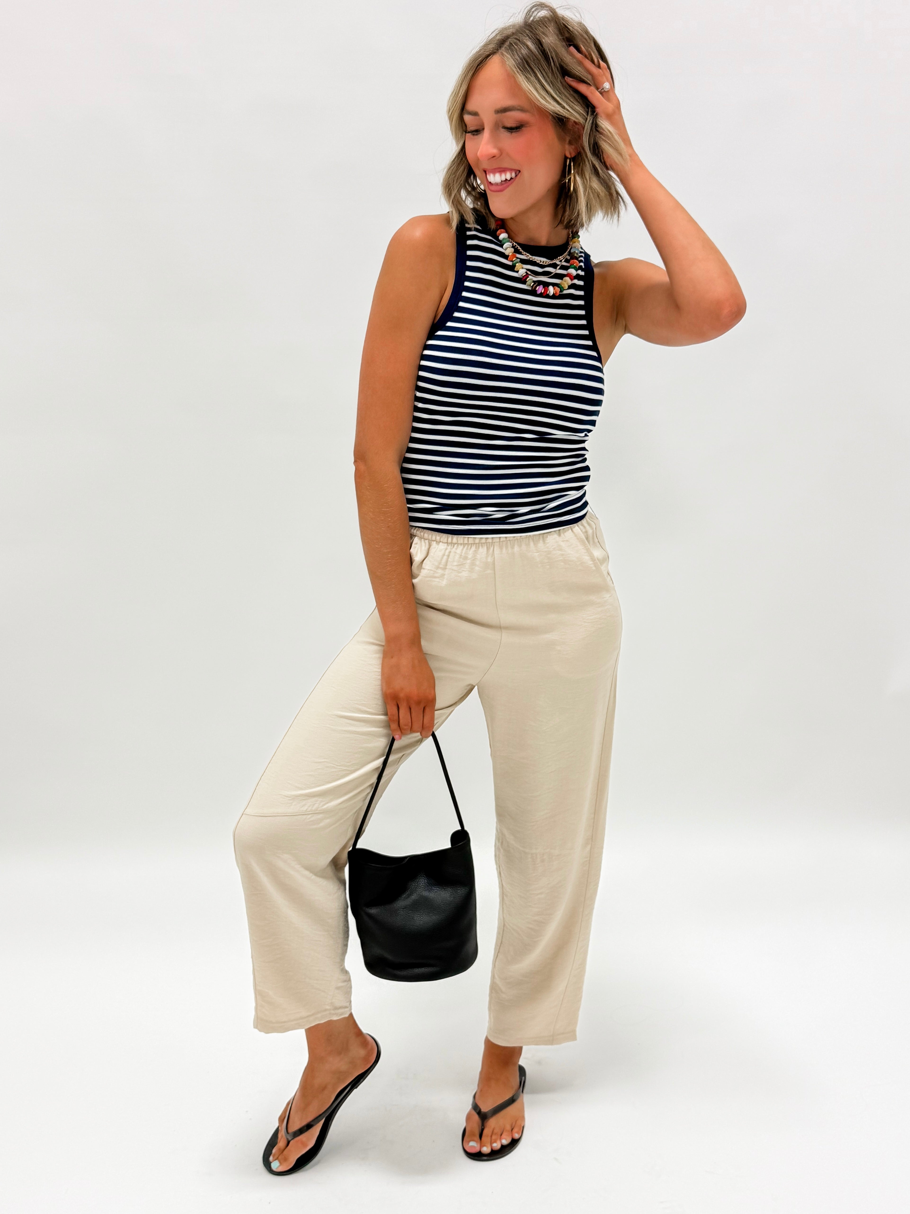 Eva Striped Crew Neck Tank Top-Navy