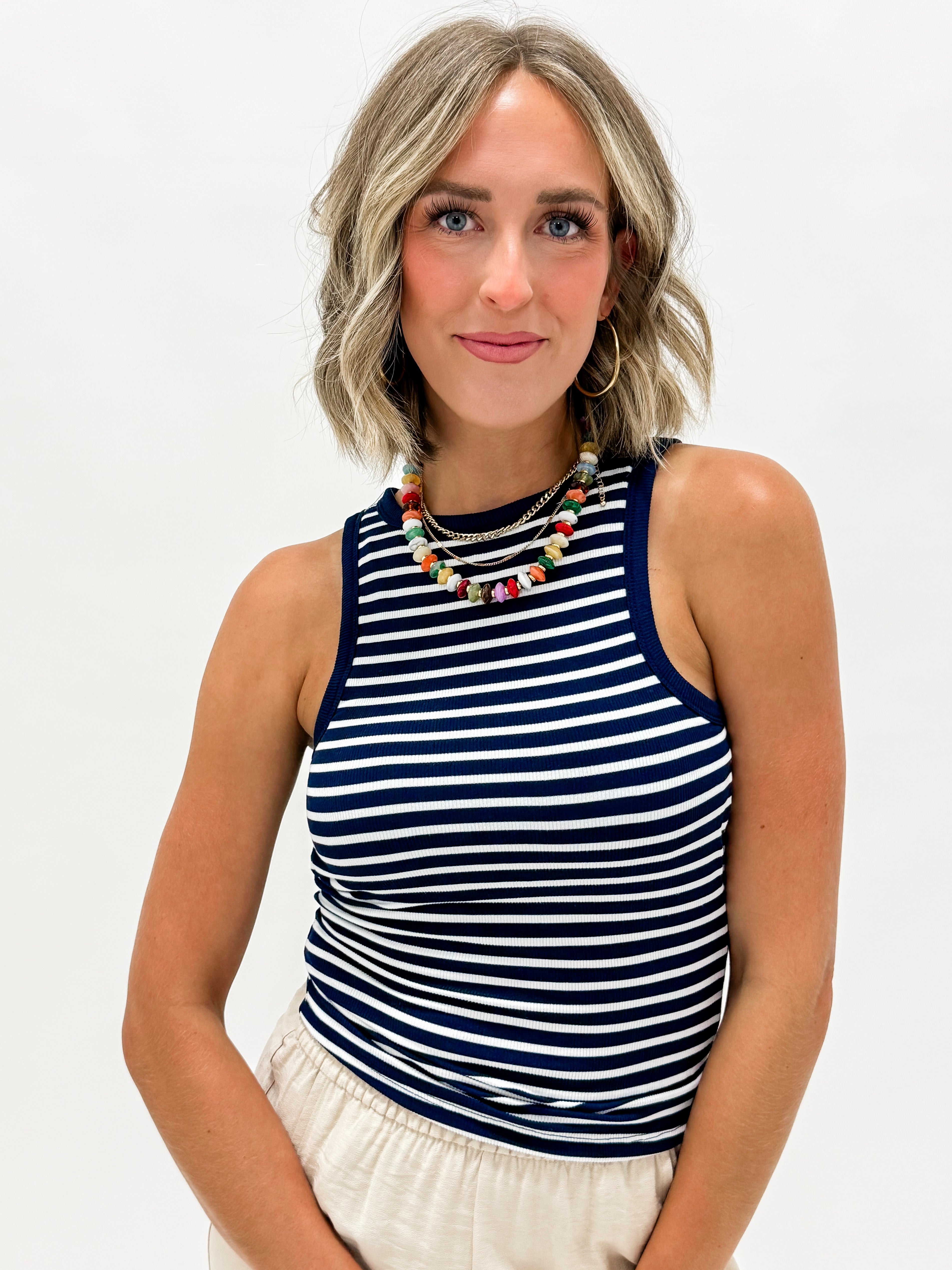 Eva Striped Crew Neck Tank Top-Navy