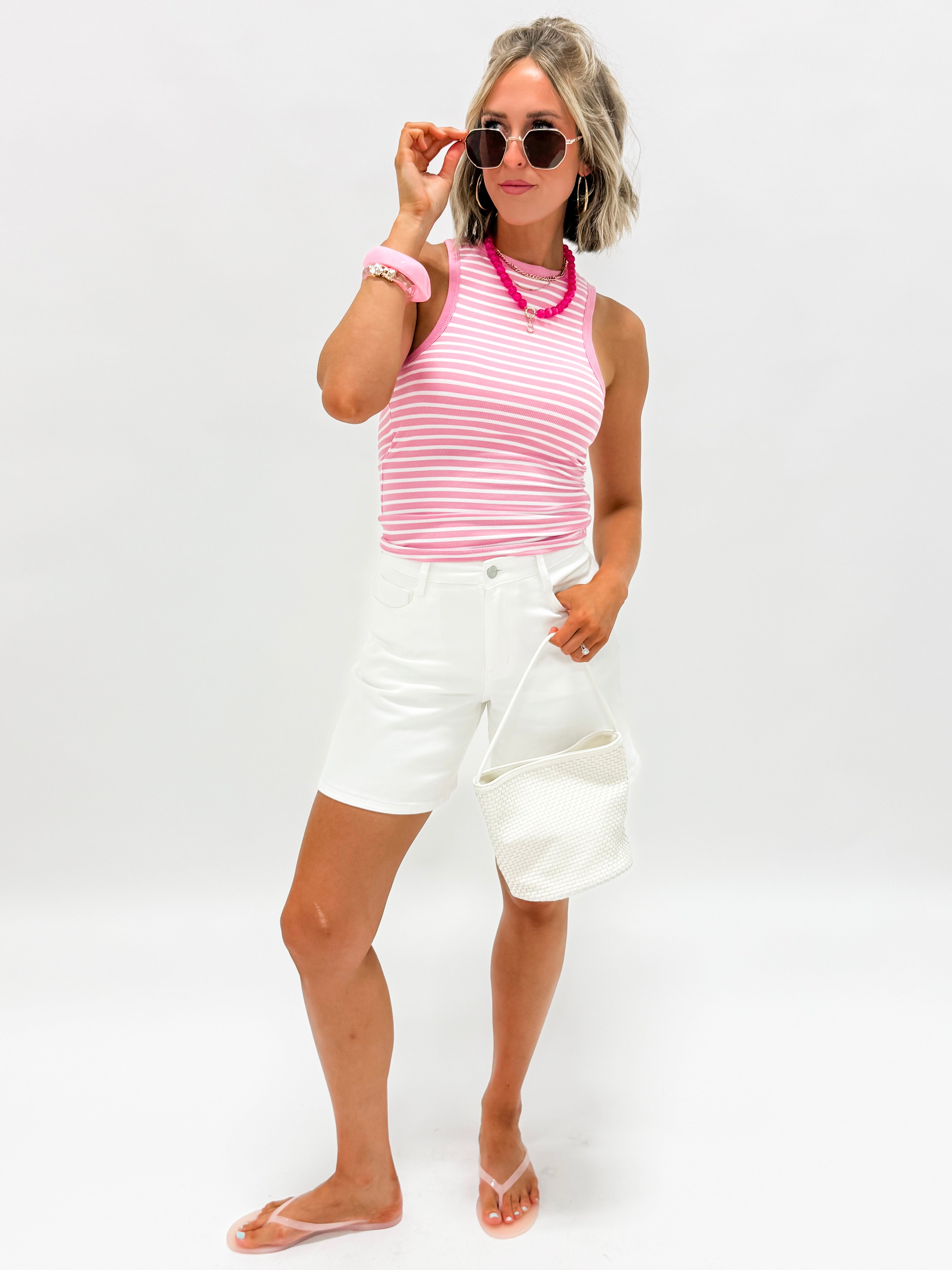 Eva Striped Crew Neck Tank Top-Pink