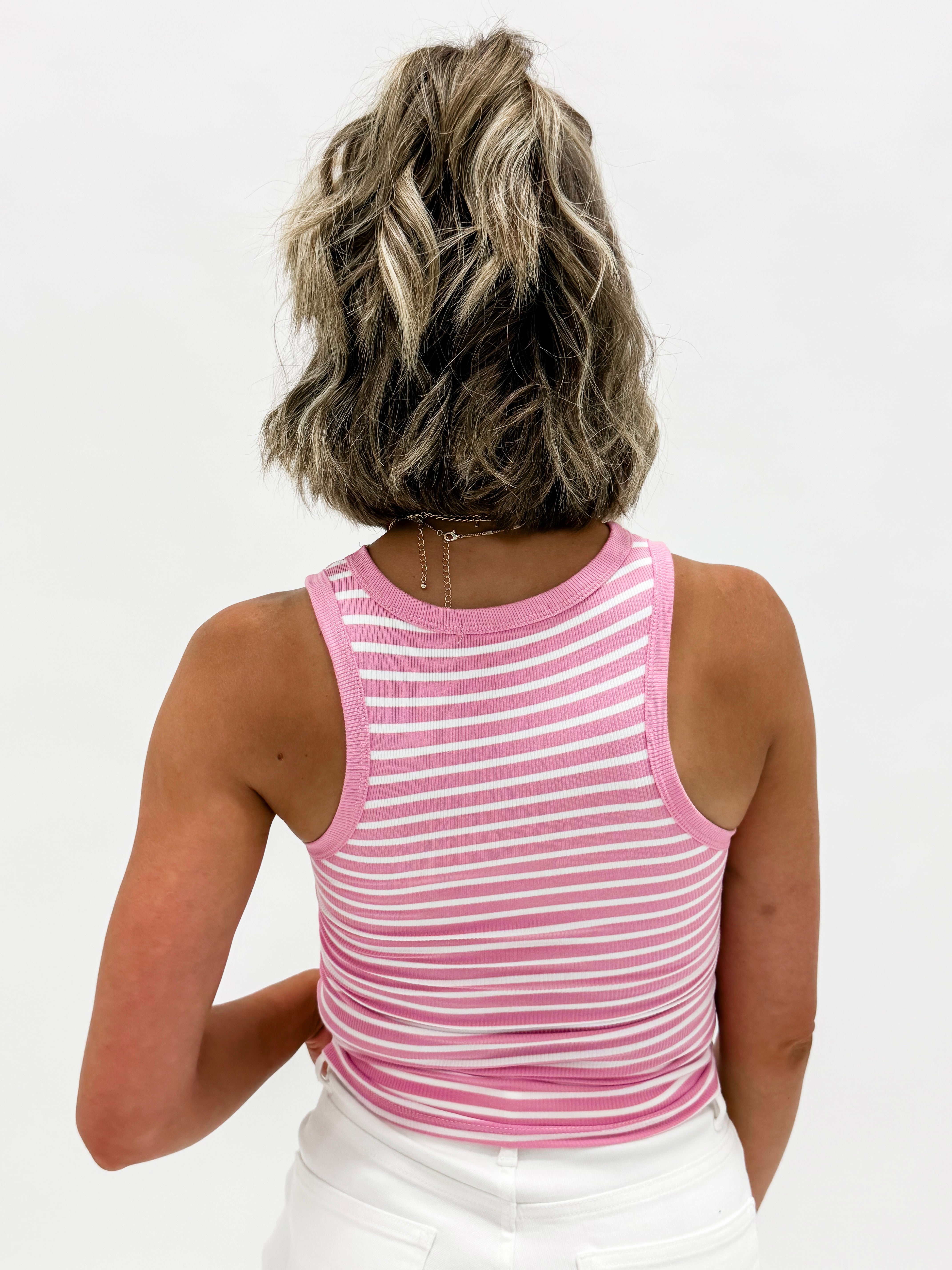 Eva Striped Crew Neck Tank Top-Pink