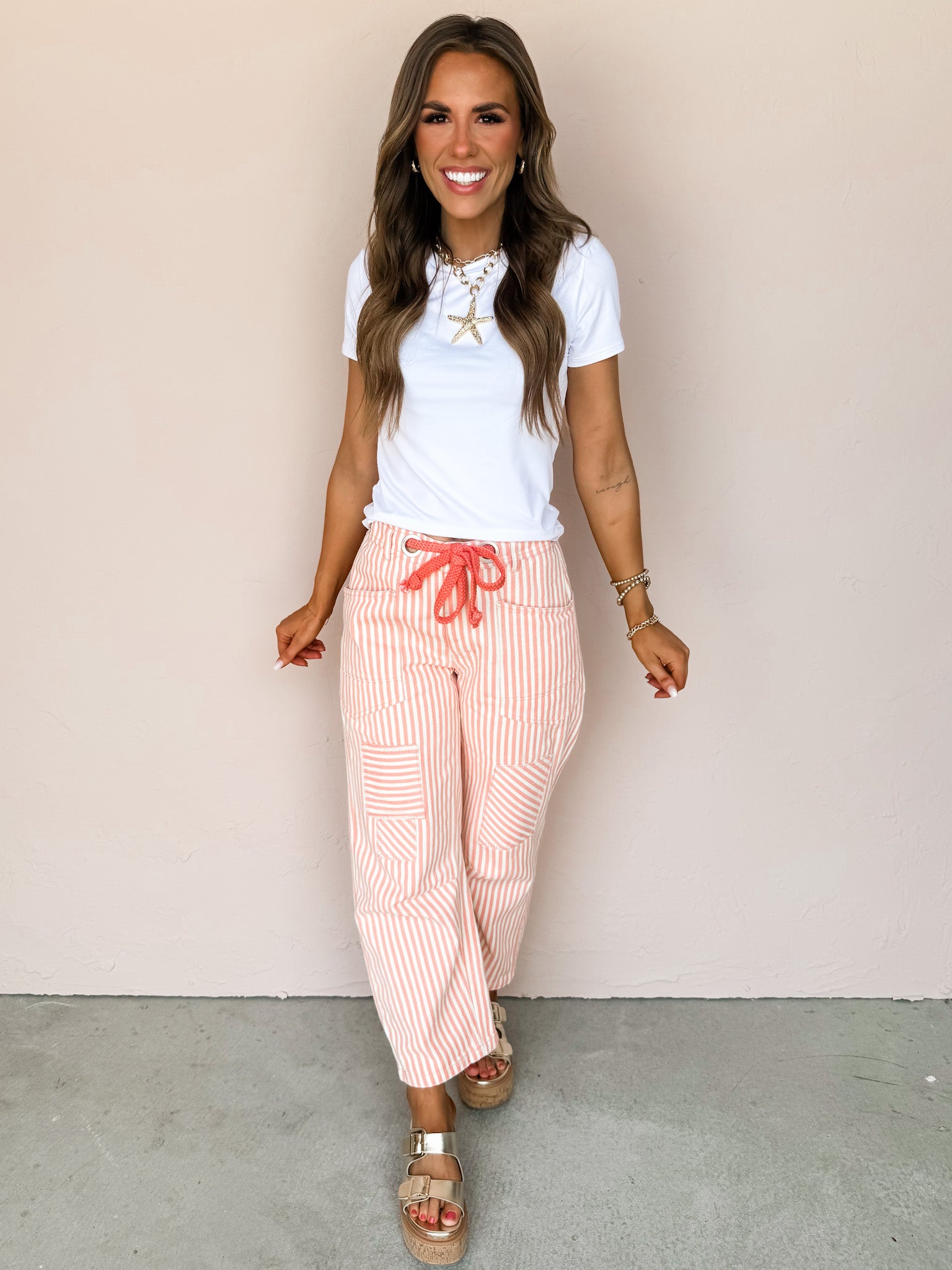 Full Attention Striped Barrel Pants-Coral Peach