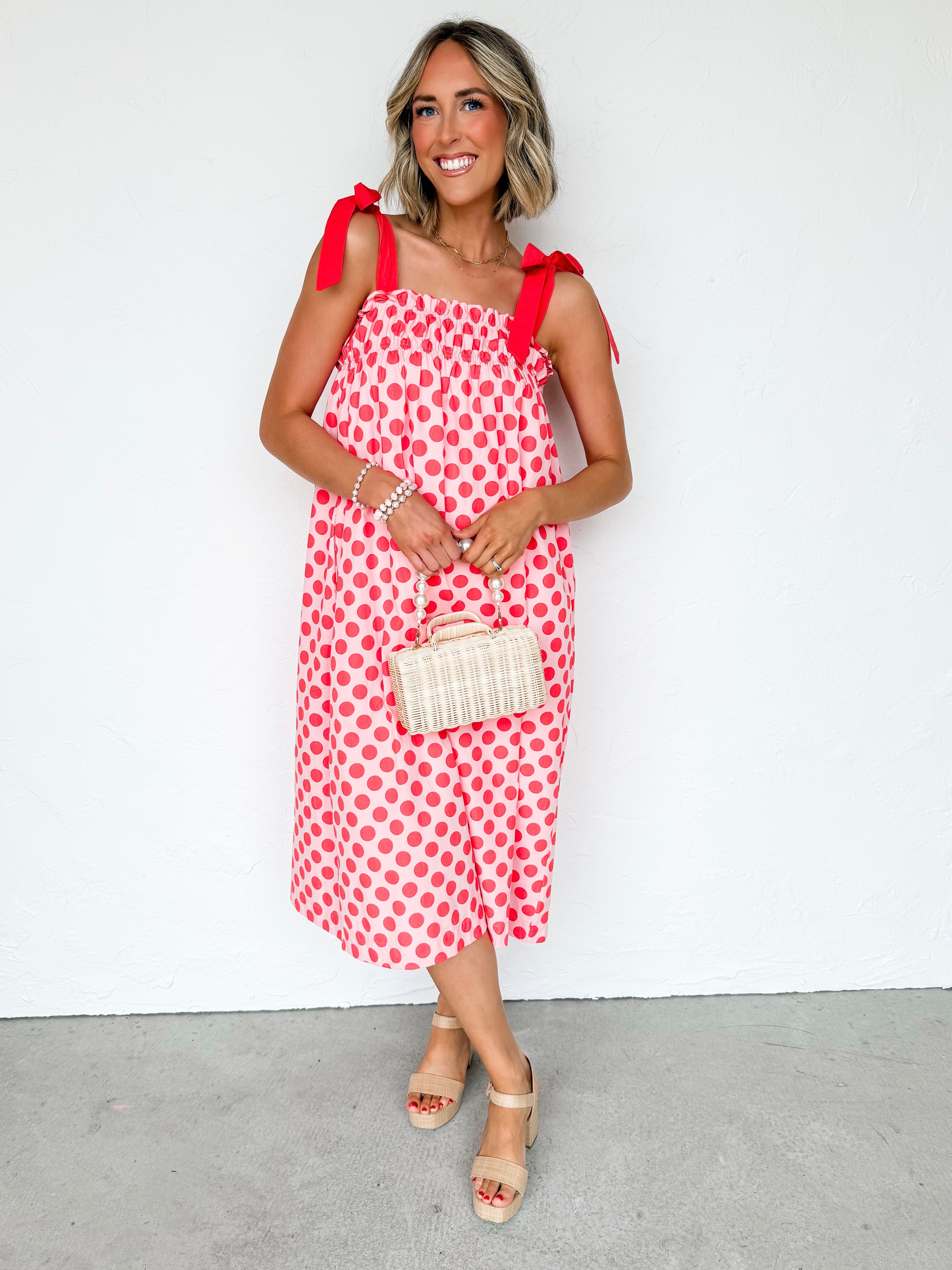Evette Smocked Detail Midi Dress-Pink