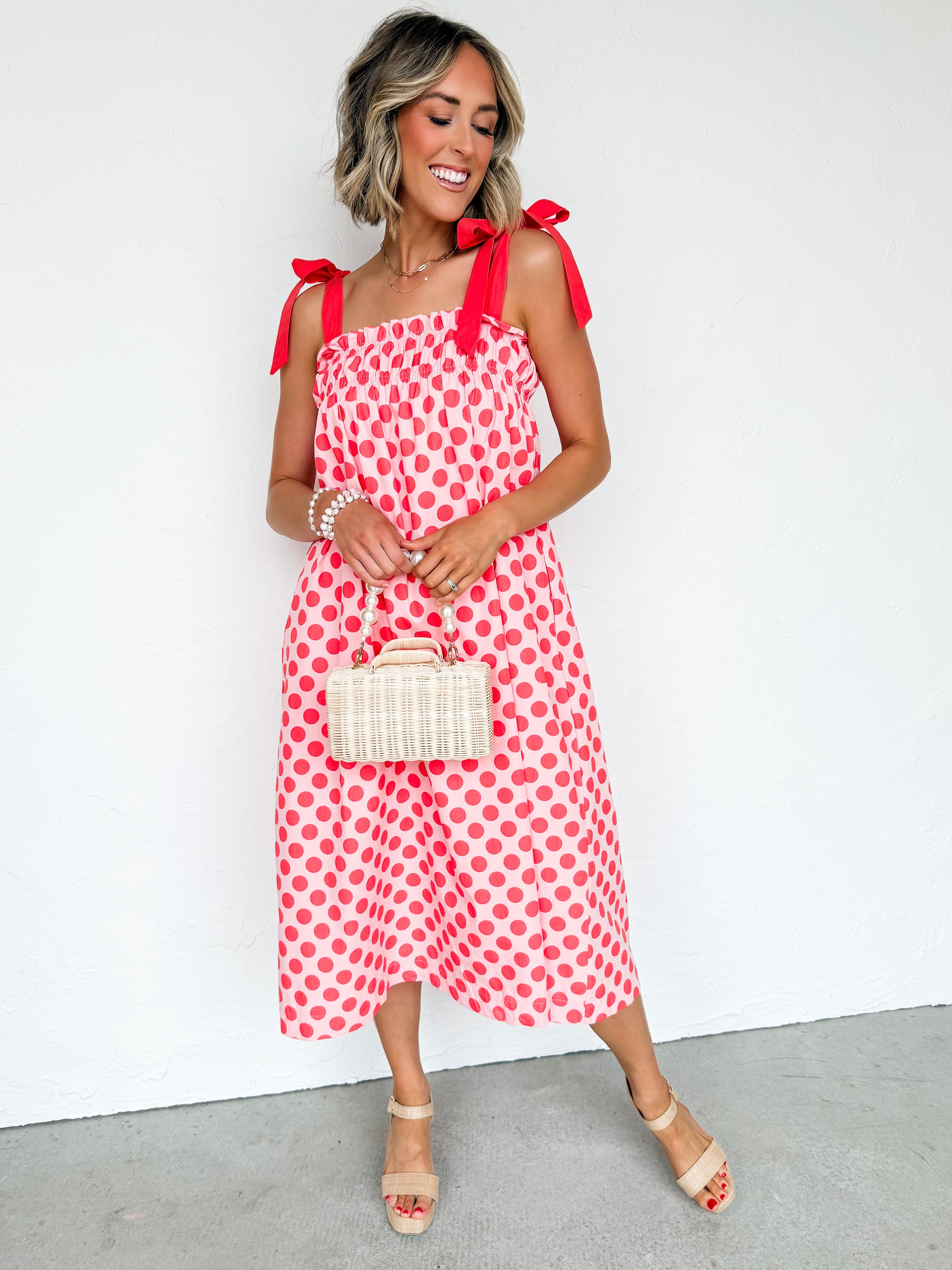 Evette Smocked Detail Midi Dress-Pink