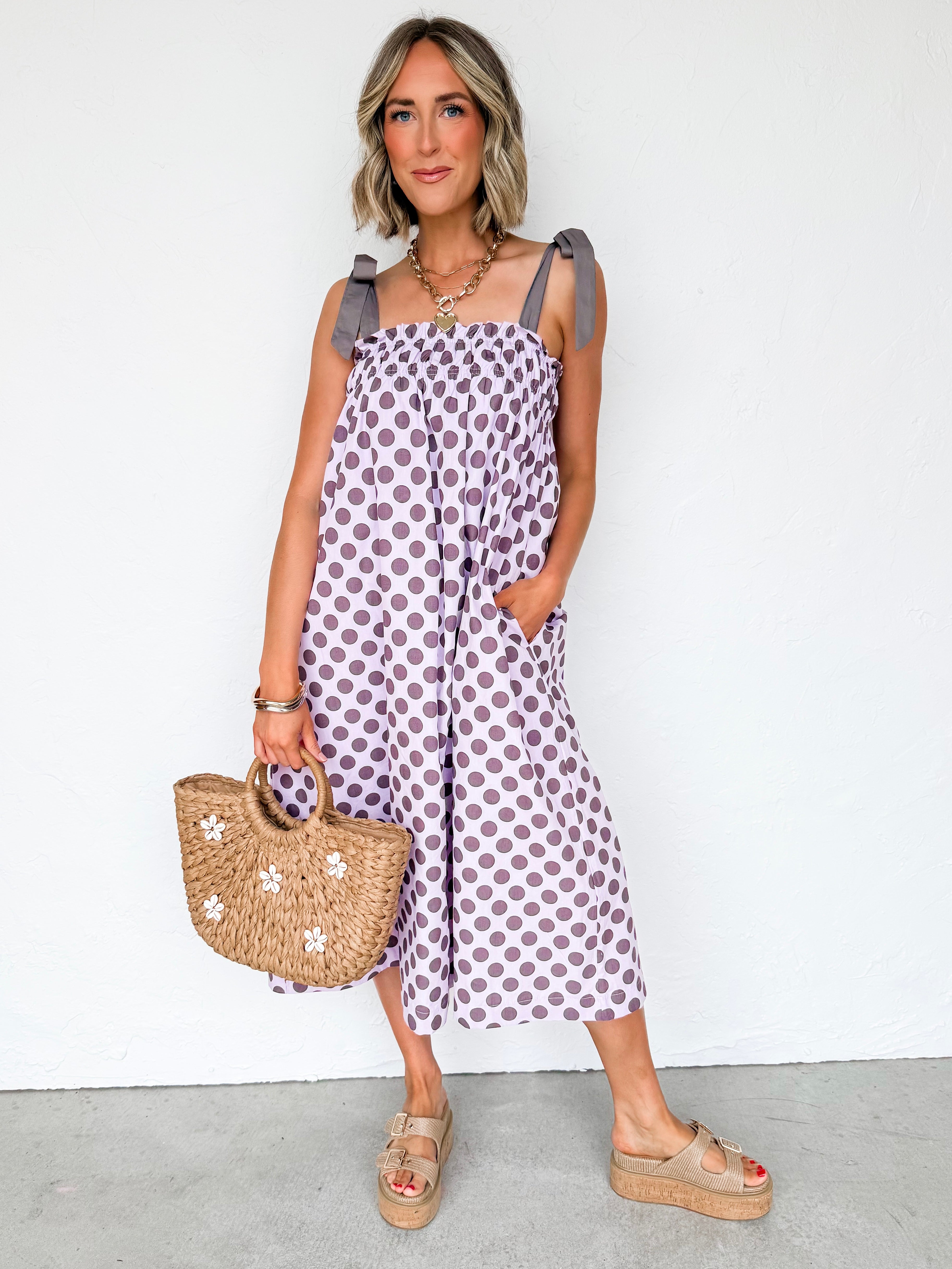 Evette Smocked Detail Midi Dress-Purple