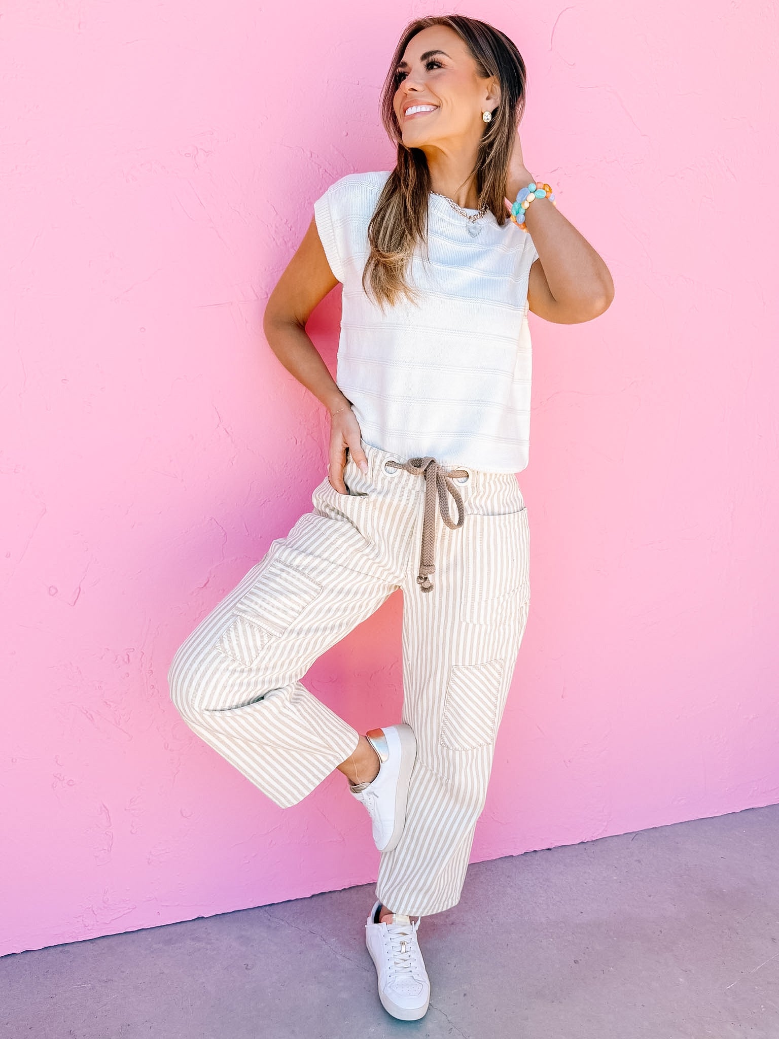 Carsen Striped Barrel Pants-Oatmeal