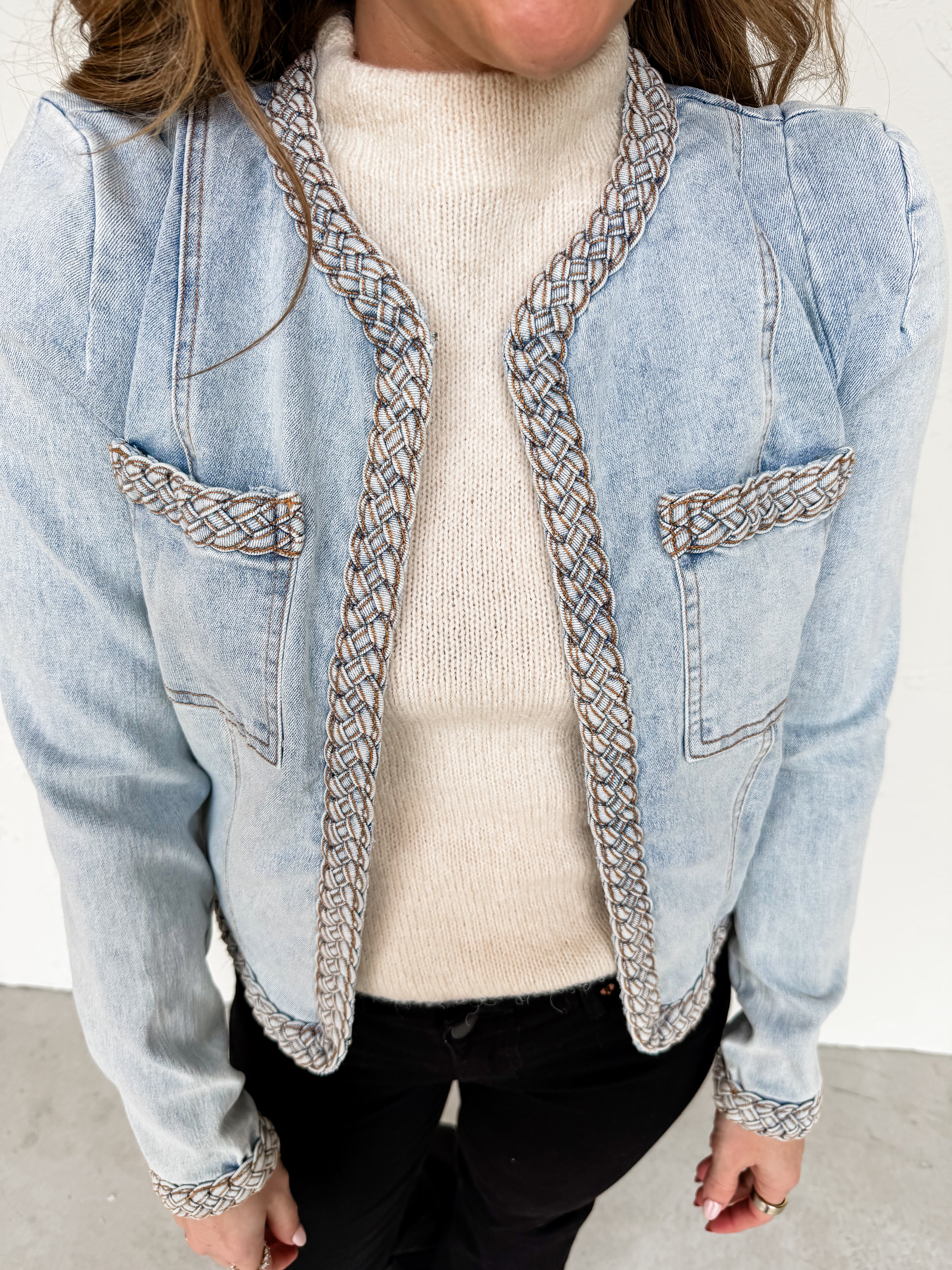 Exclusive Charm Braided Trim Jean Jacket-Light