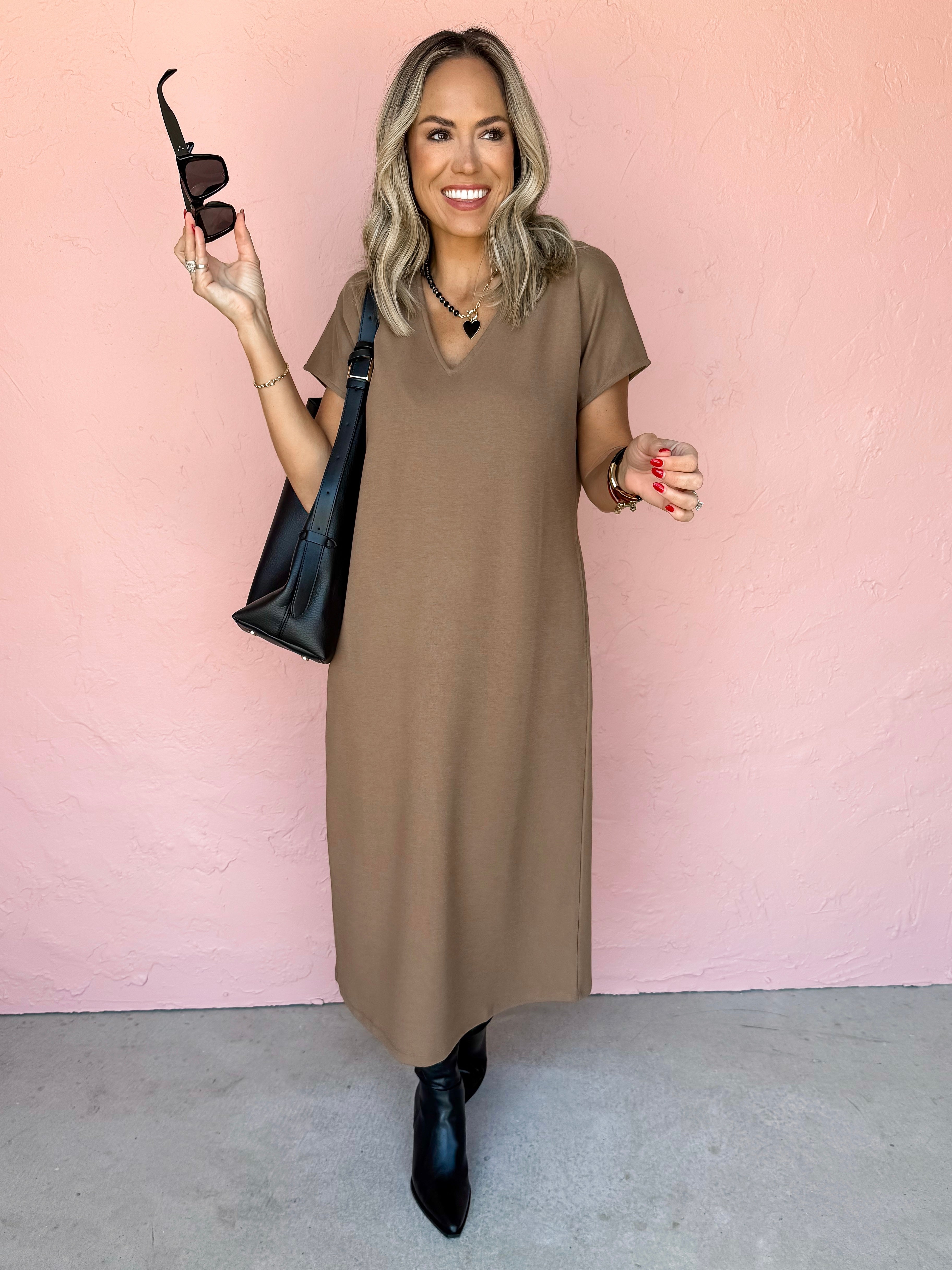 Falling Forward V Neck Midi Dress