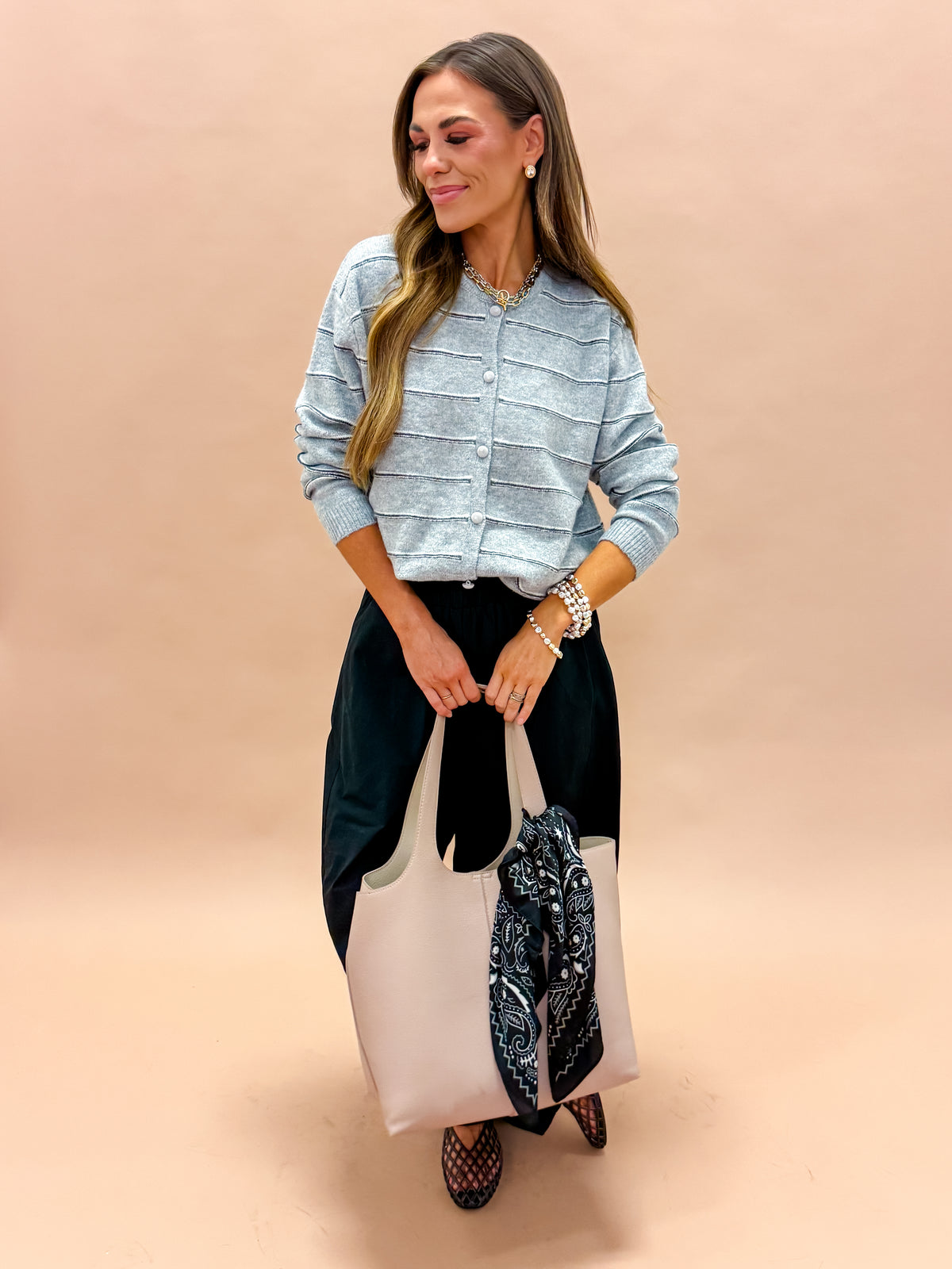 Fallon Striped Drawstring Hem Cardigan-Grey/Charcoal