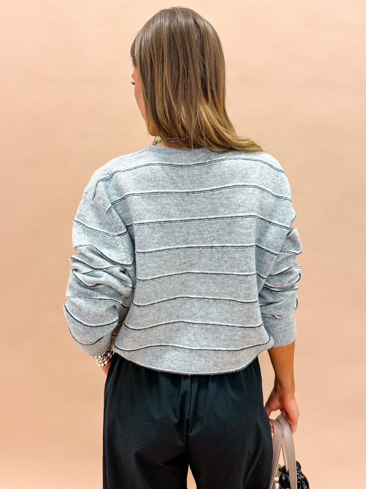 Fallon Striped Drawstring Hem Cardigan-Grey/Charcoal